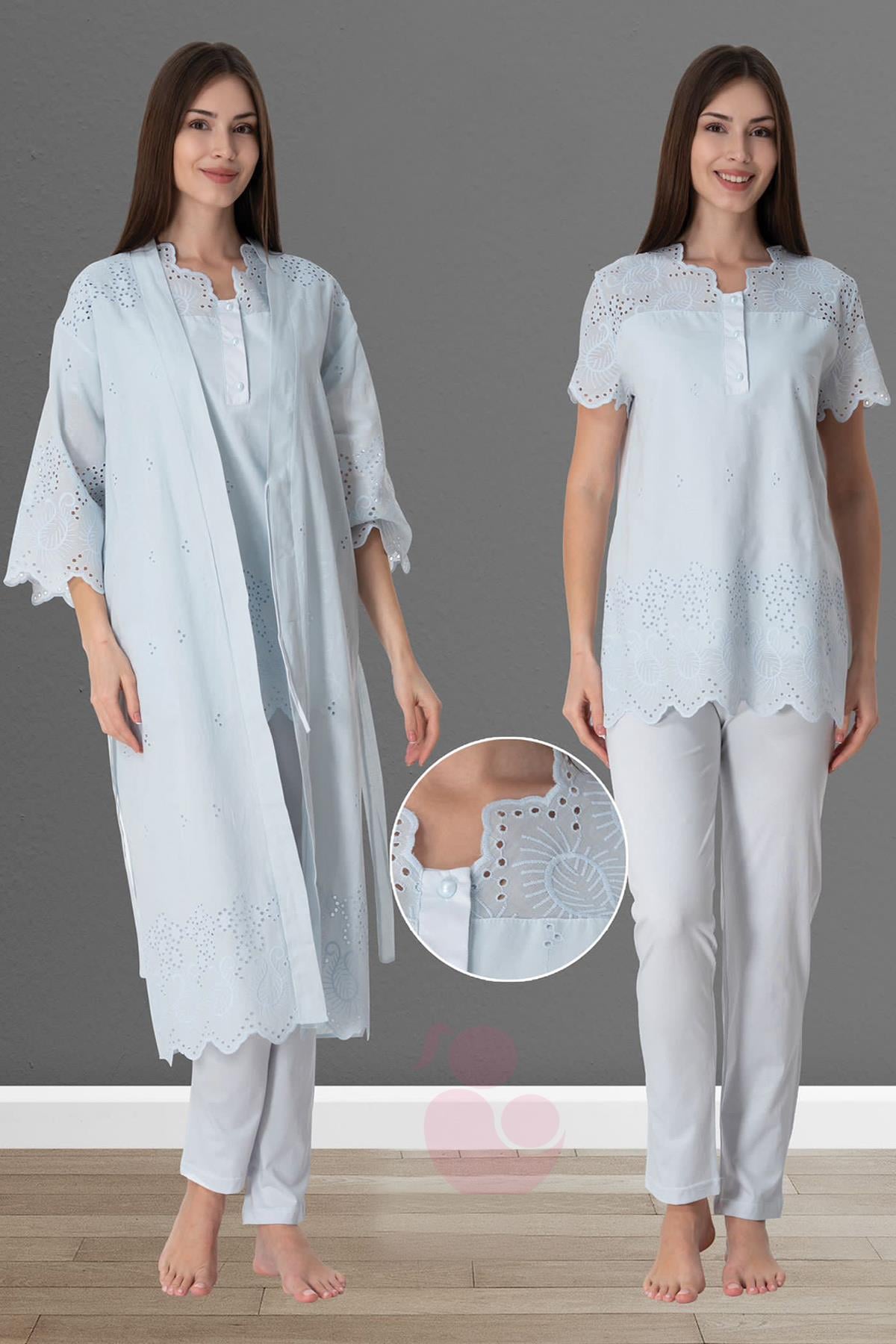 Effortt 9024 Mavi Fisto Sabahlıklı Lohusa Pijama Takımı