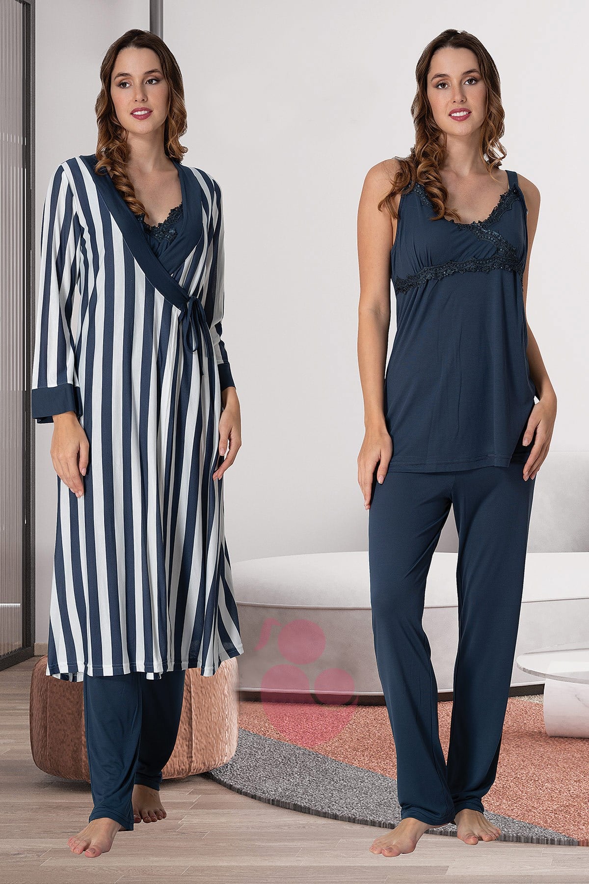 Effortt 9034 Lacivert Çizgili Sabahlıklı Lohusa Pijama Takımı