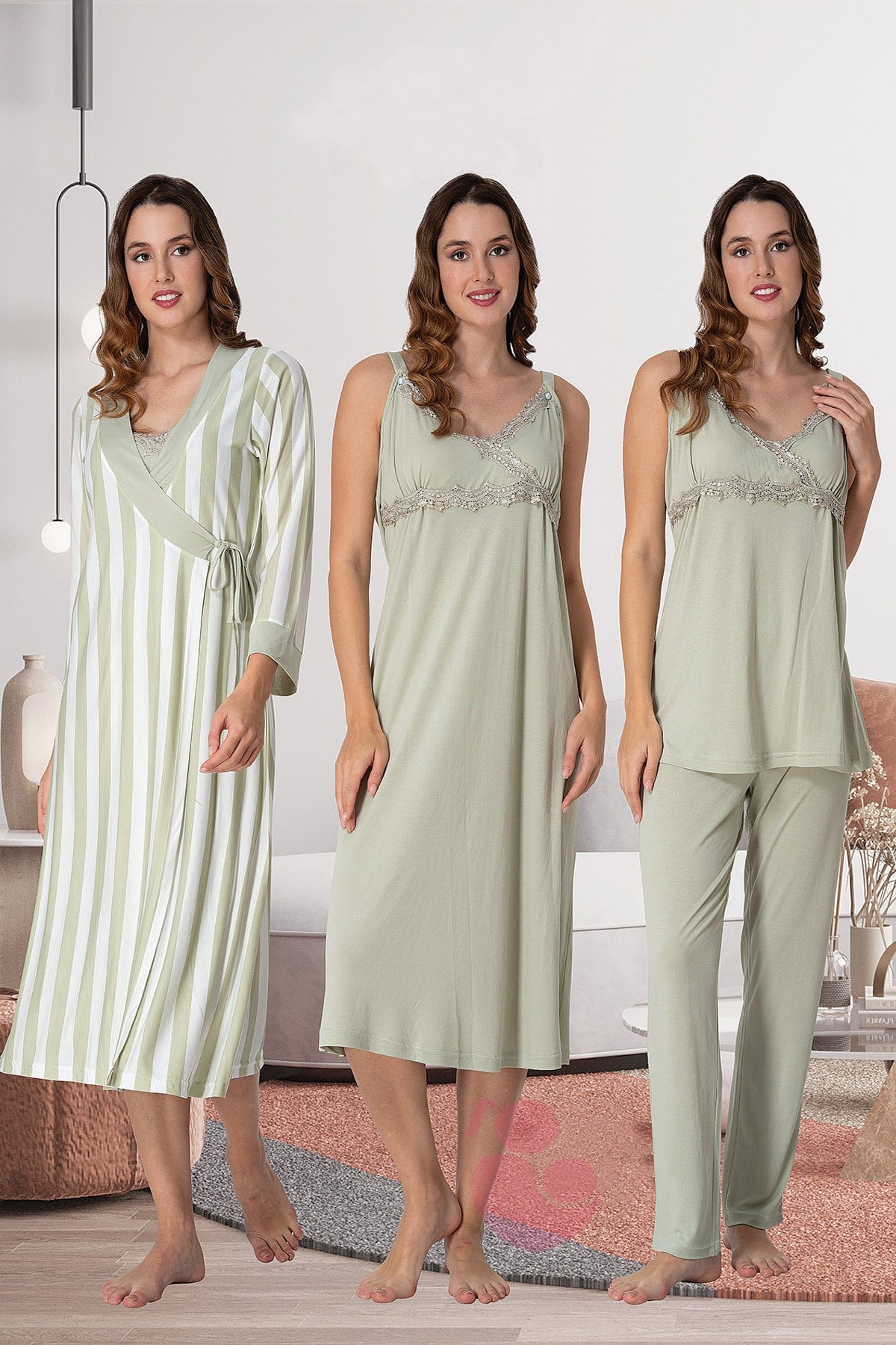 Effortt 9036 Yeşil Çizgili Sabahlıklı Lohusa 4lü Set