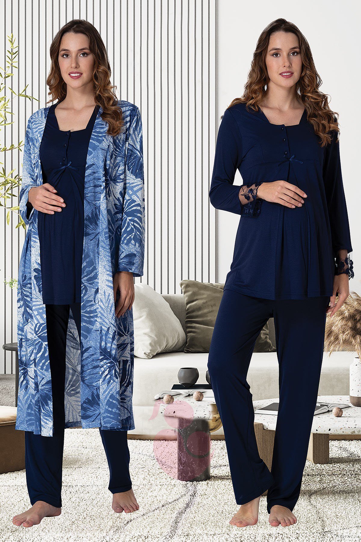 Effortt 9044 Lacivert Desen Sabahlıklı Lohusa Pijama Takımı