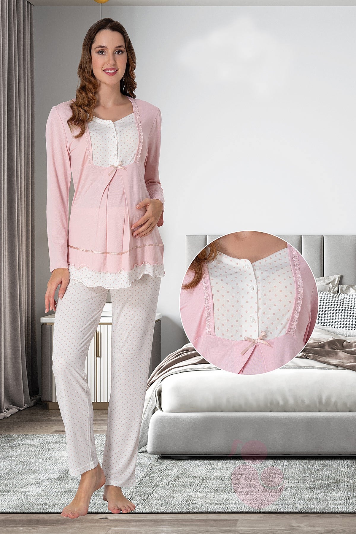 Effortt 9052 Puan Detaylı Pudra Pembe Lohusa Pijama Takımı