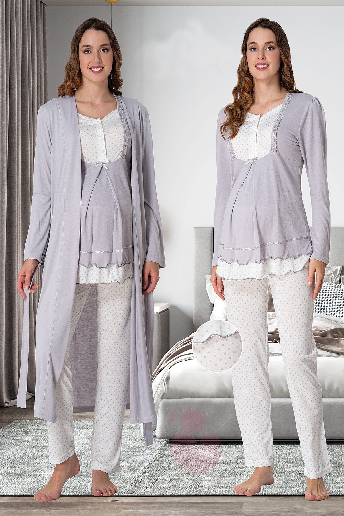 Effortt 9054 Puan Detaylı Gri Sabahlıklı Lohusa Pijama Takımı