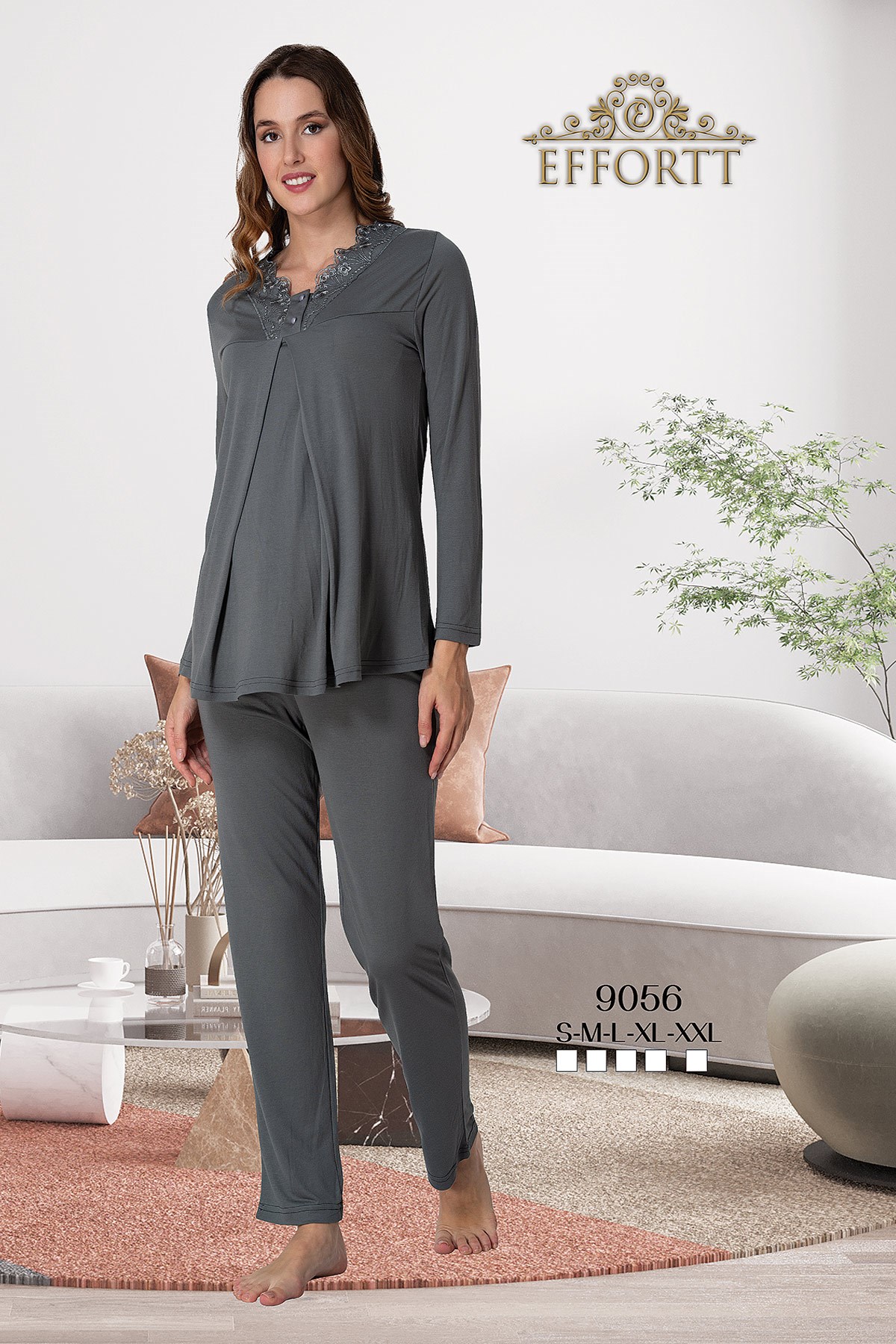 Effortt 9056 Füme Dantel Detaylı Lohusa Pijama Takımı