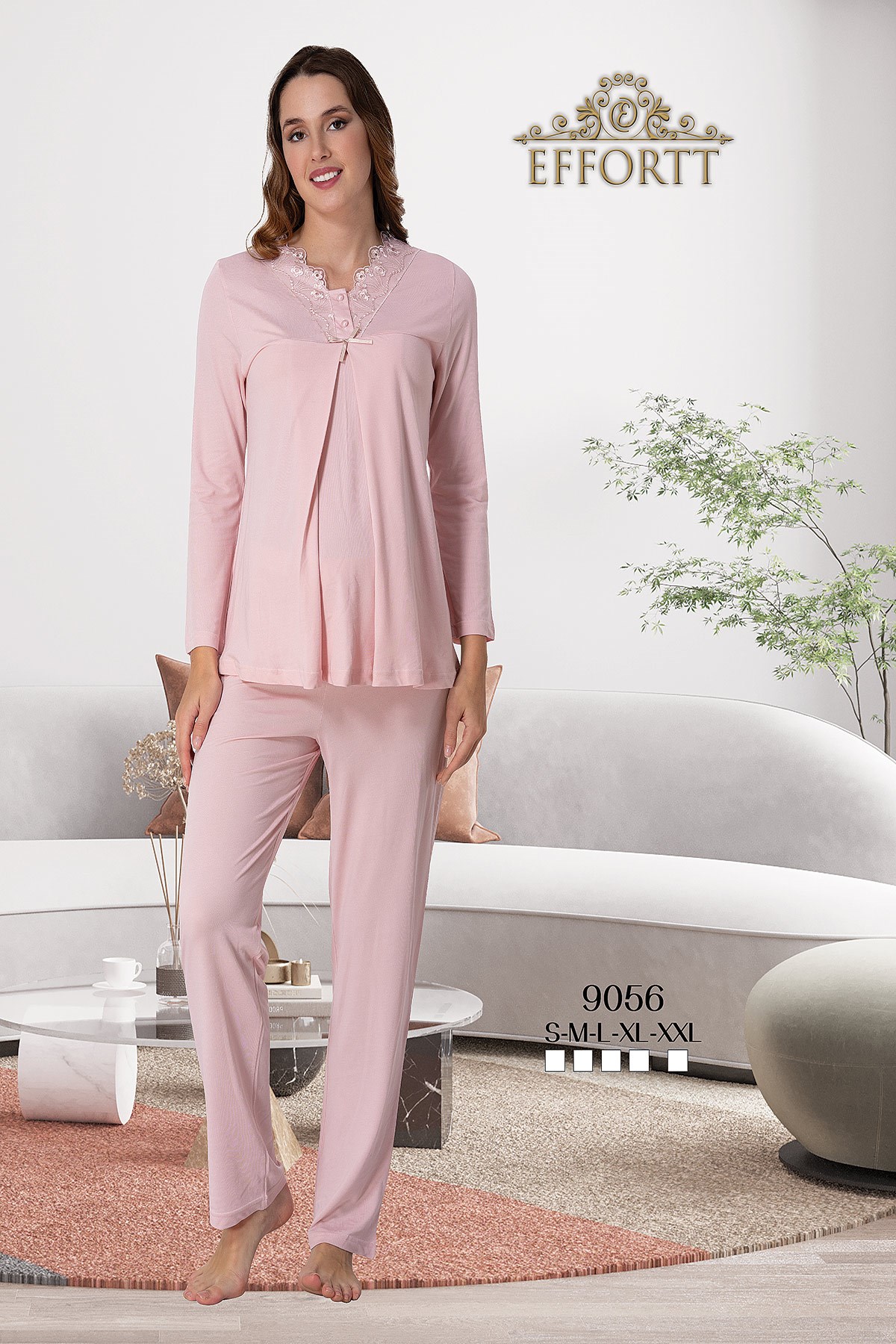 Effortt 9056 Pudra Dantel Detaylı Lohusa Pijama Takımı