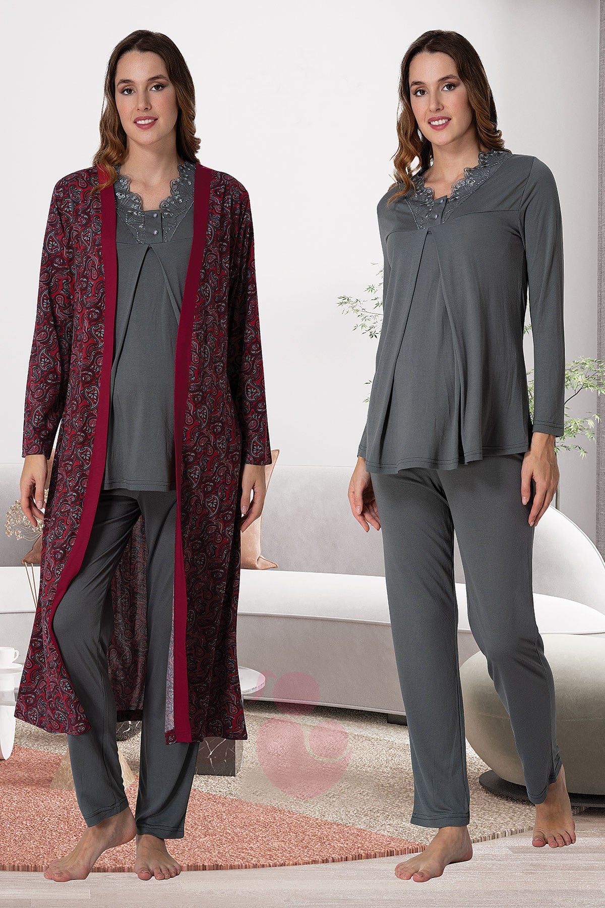 Effortt 9058 Füme Desen Sabahlıklı Lohusa Pijama Takımı