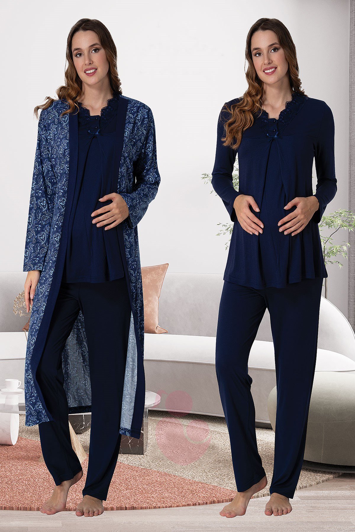 Effortt 9058 Lacivert Desenli Sabahlıklı Lohusa Pijama Takımı