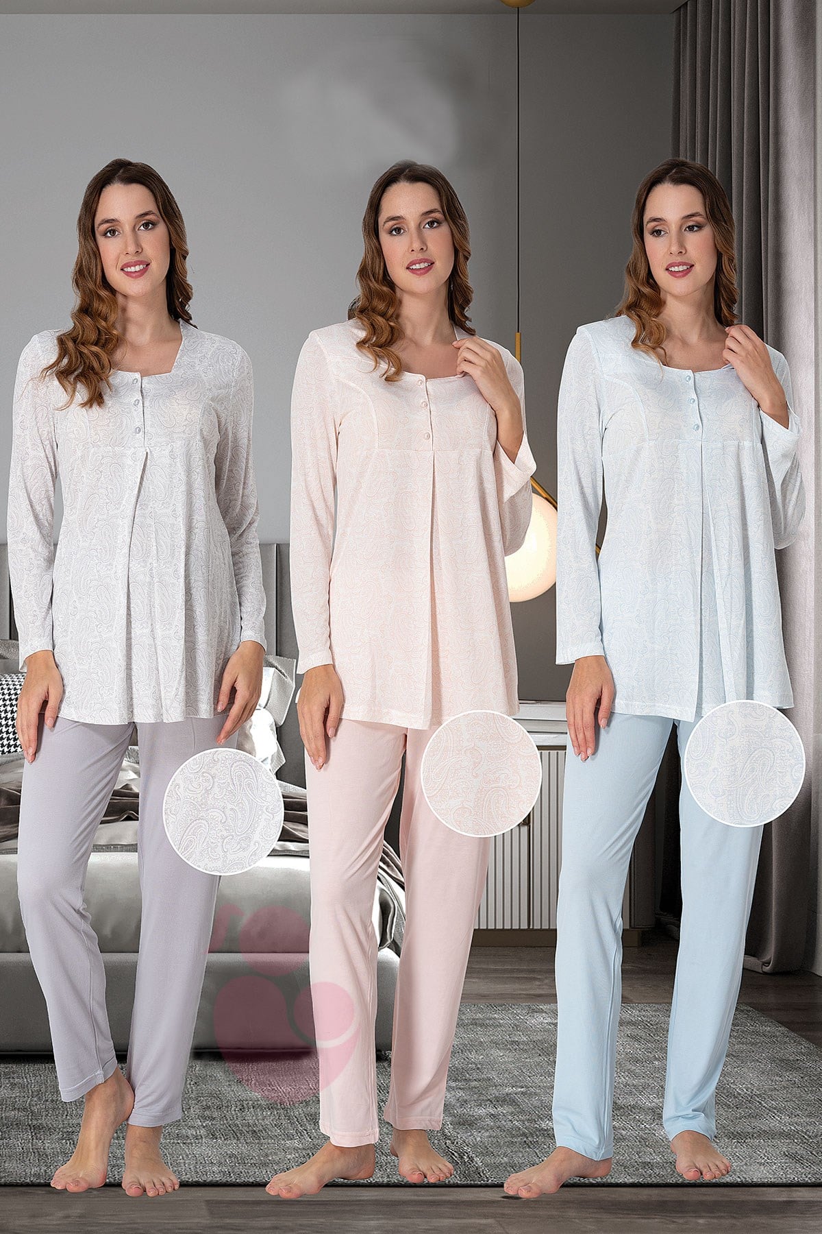 Effortt 9072 Desen Detaylı Lohusa Pijama Takımı