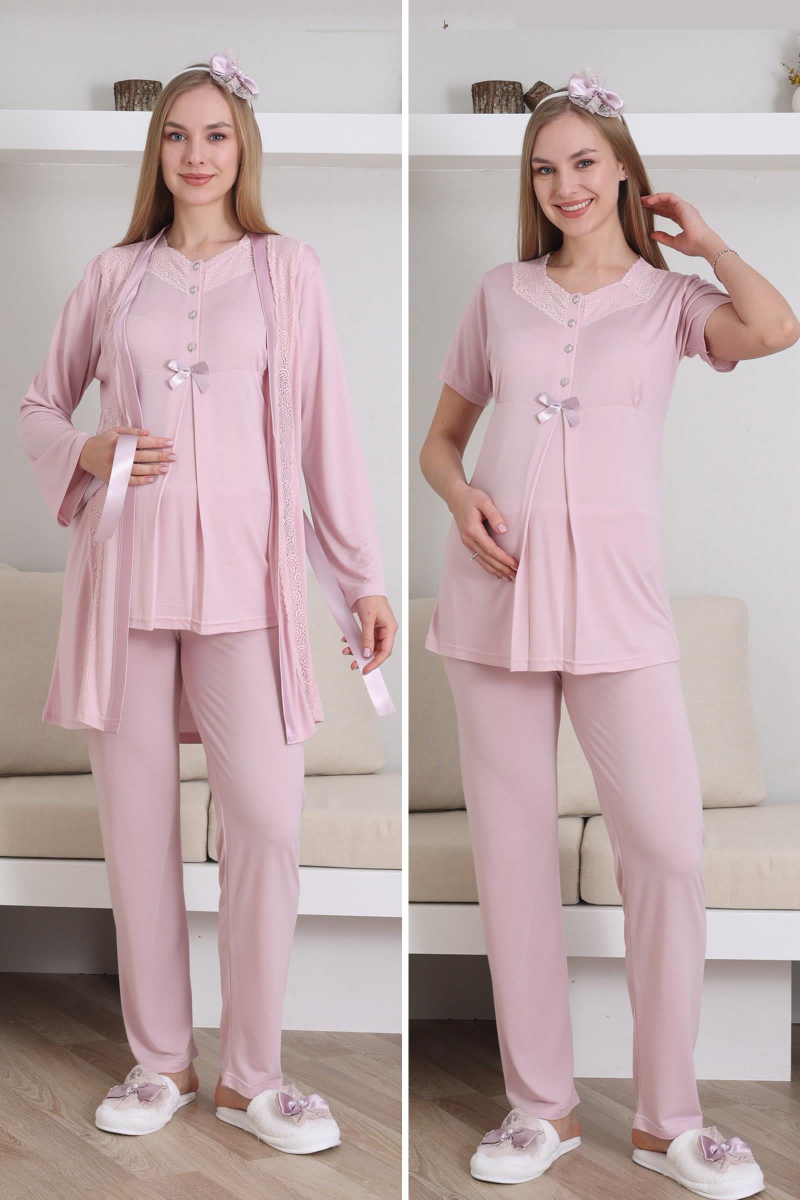 Erdeniz 3435 Pudra Yakası Dantel Sabahlıklı Lohusa Pijama Takımı