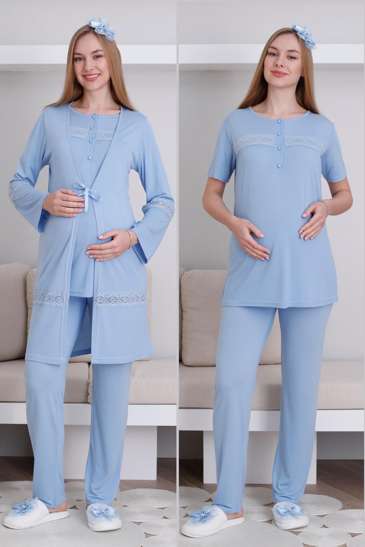 Erdeniz 3439 Mavi Dantel Detaylı Sabahlıklı Lohusa Pijama Takımı