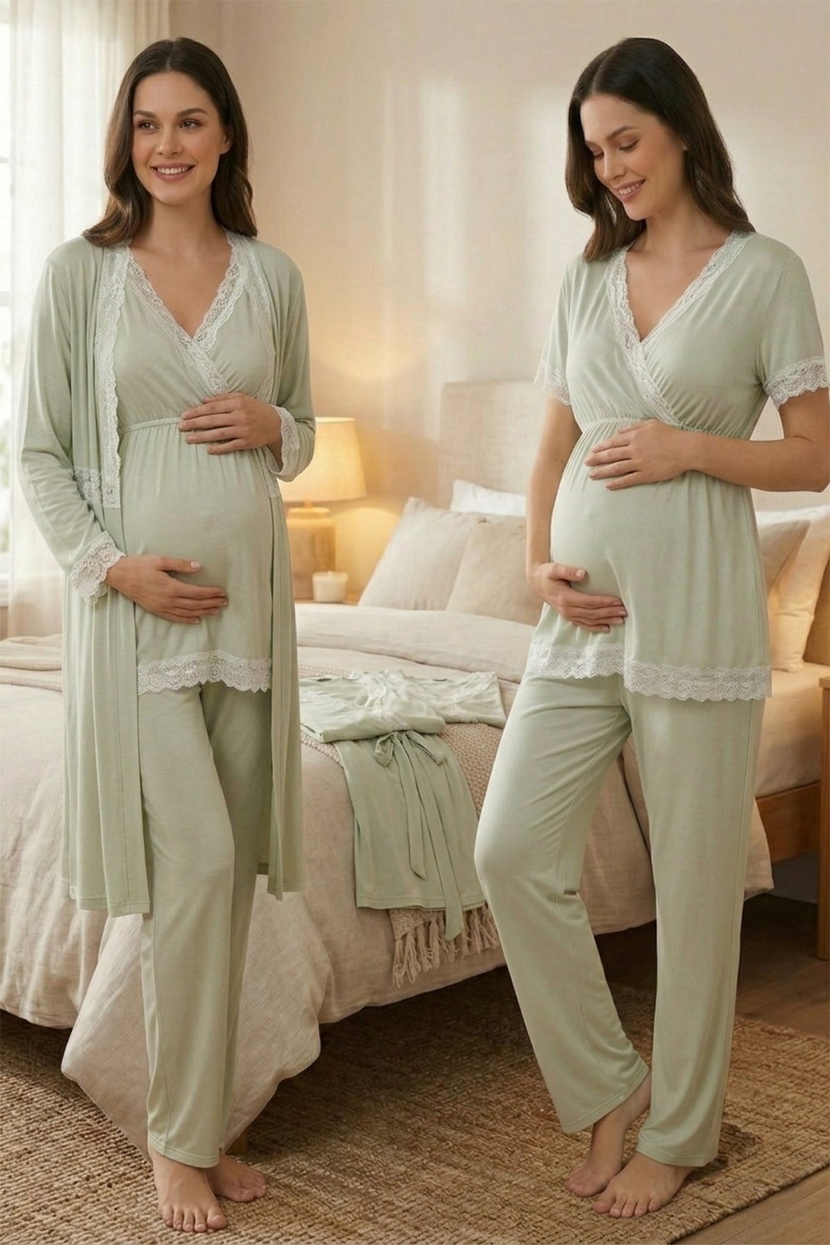 Rimel Life 2032 Yeşil Sabahlıklı Dantel Biyeli Kruvaze Lohusa Pijama Takımı