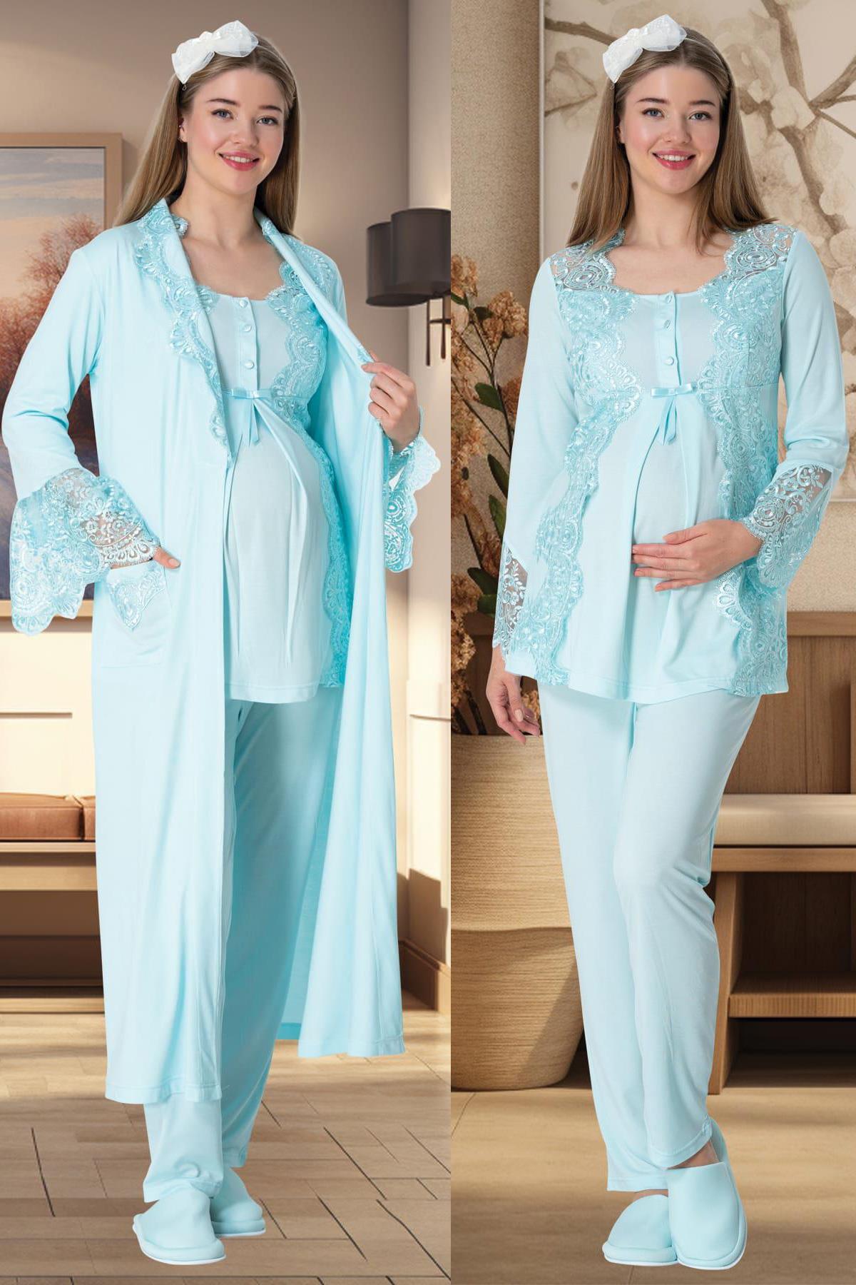 Mecit 5353 Turkuaz Dantel Sabahlıklı Lohusa Pijama