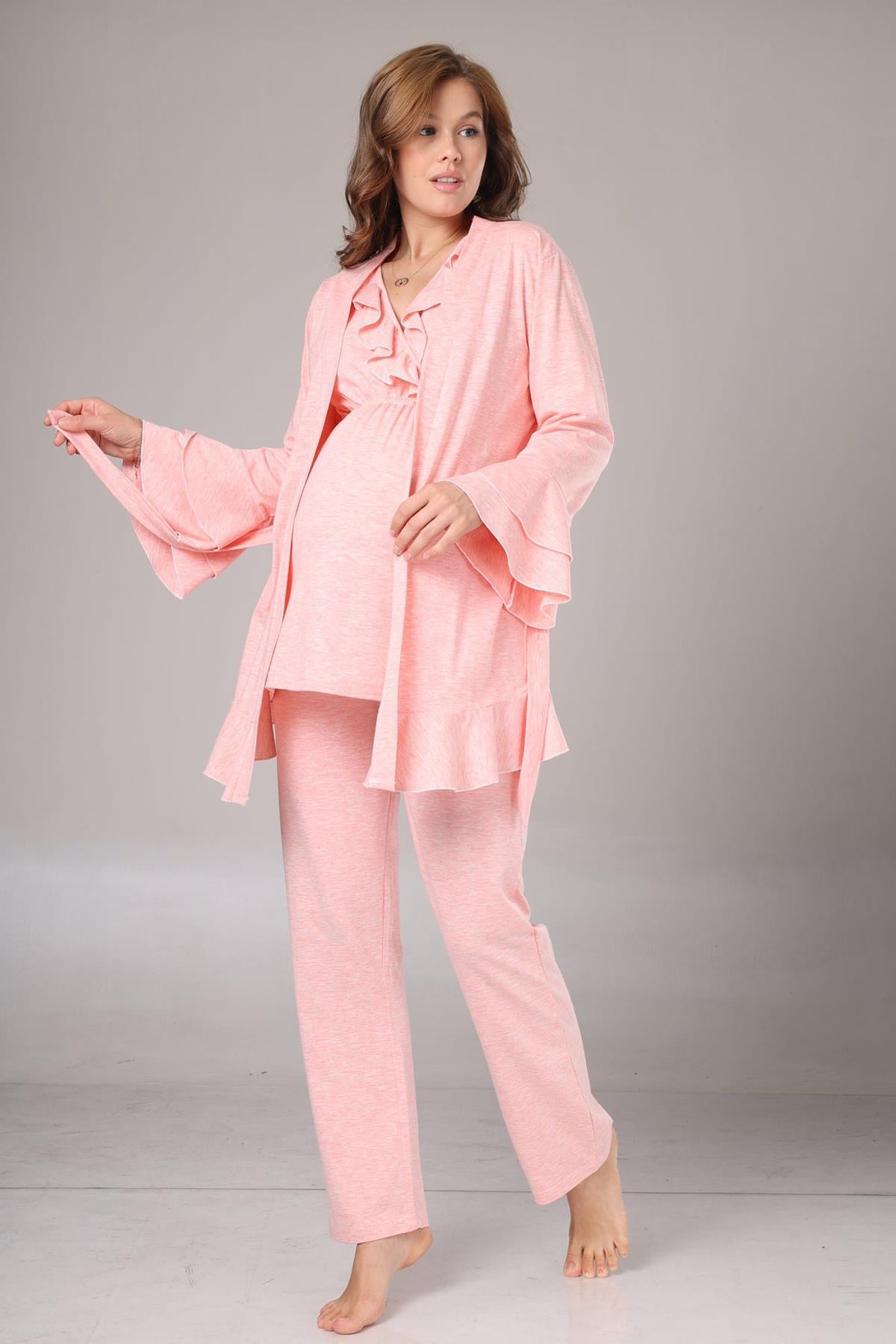 Rimel Life 1013 Pembe Uzun Kollu Kruvaze Lohusa Pijama ve Sabahlık Takımı