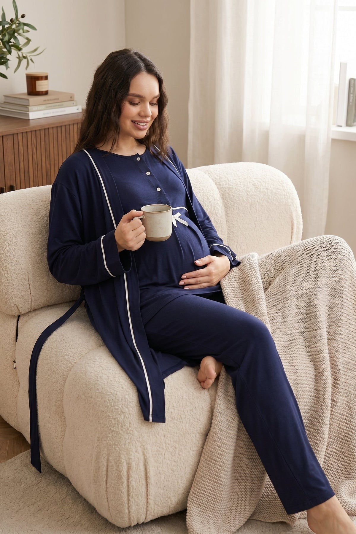 Rimel Life 509 Lacivert Biye Detaylı Sabahlıklı Dantelli Kruvaze Lohusa Pijama Takımı