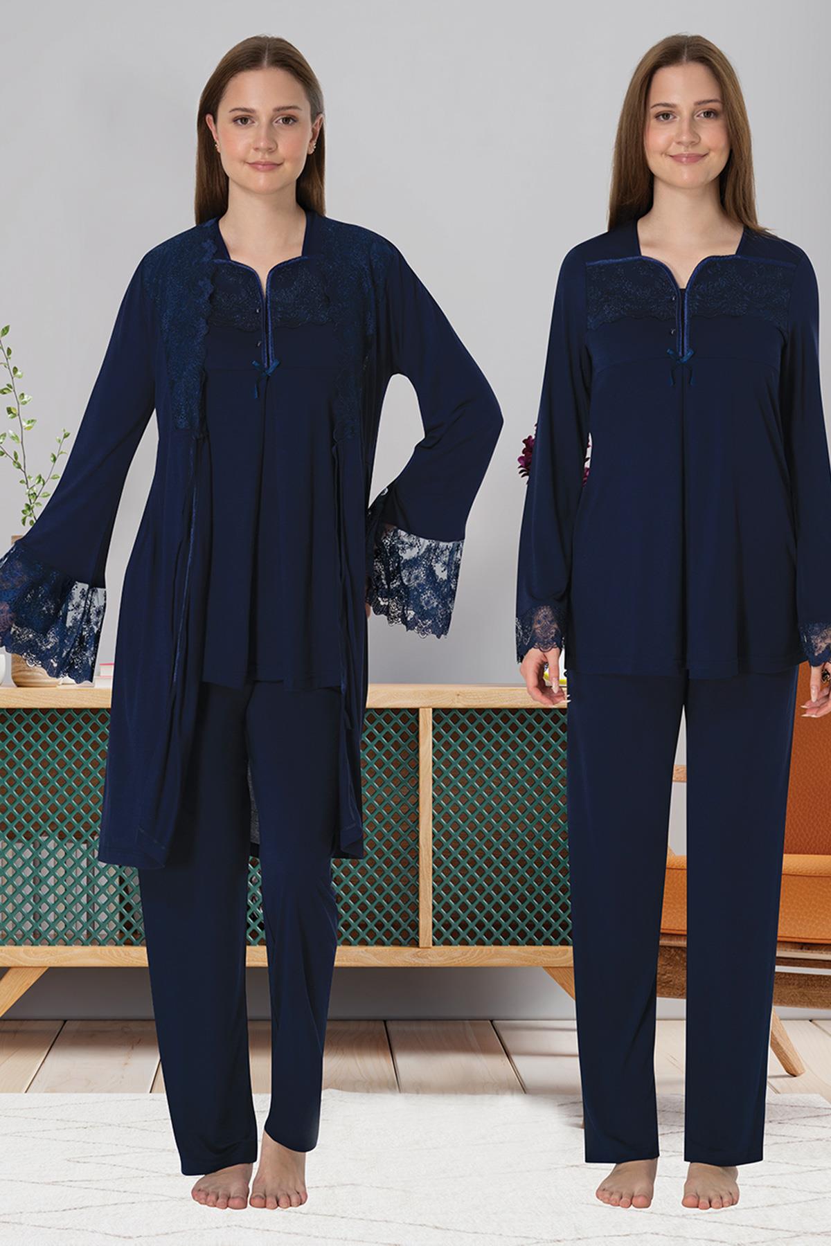 Effortt 4084 Lacivert Dantelli Sabahlıklı Lohusa Pijama Takımı