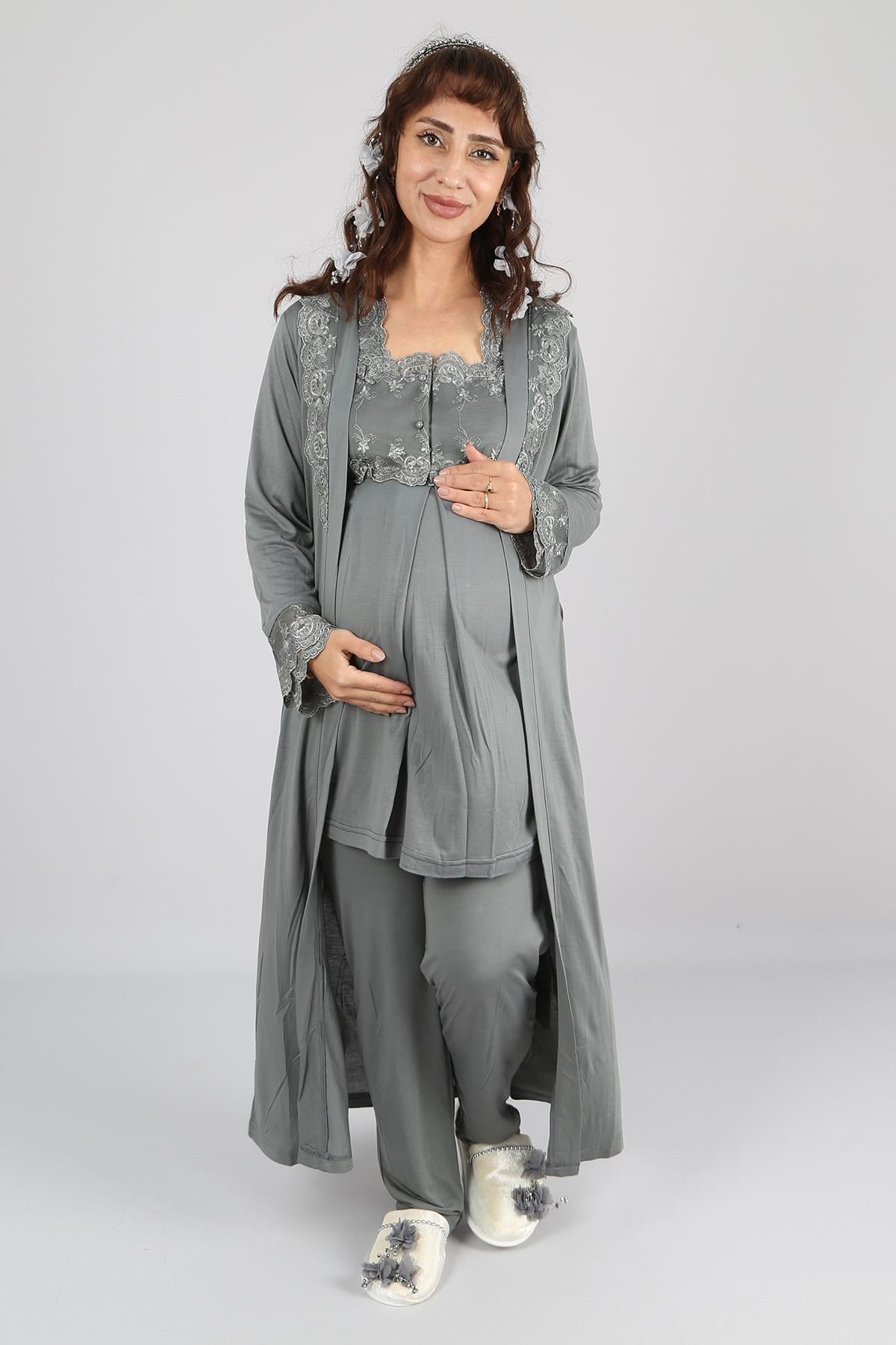 Füme Dantel Sabahlıklı Uzun Kol Hamile Lohusa Pijama Takımı 2601