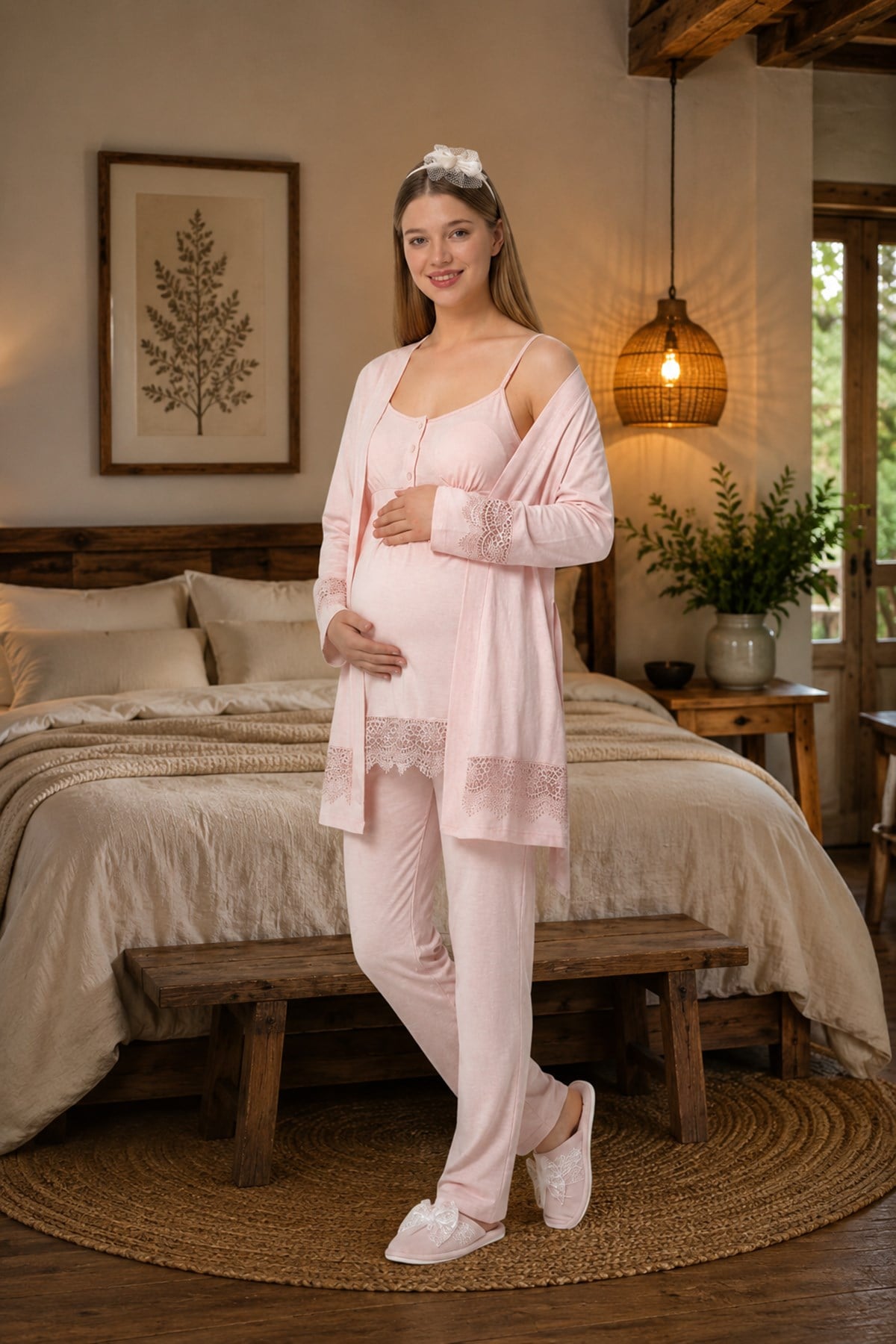 Mecit 6405 Pembe Dantel Geçişli Sabahlıklı Lohusa Pijama Takımı
