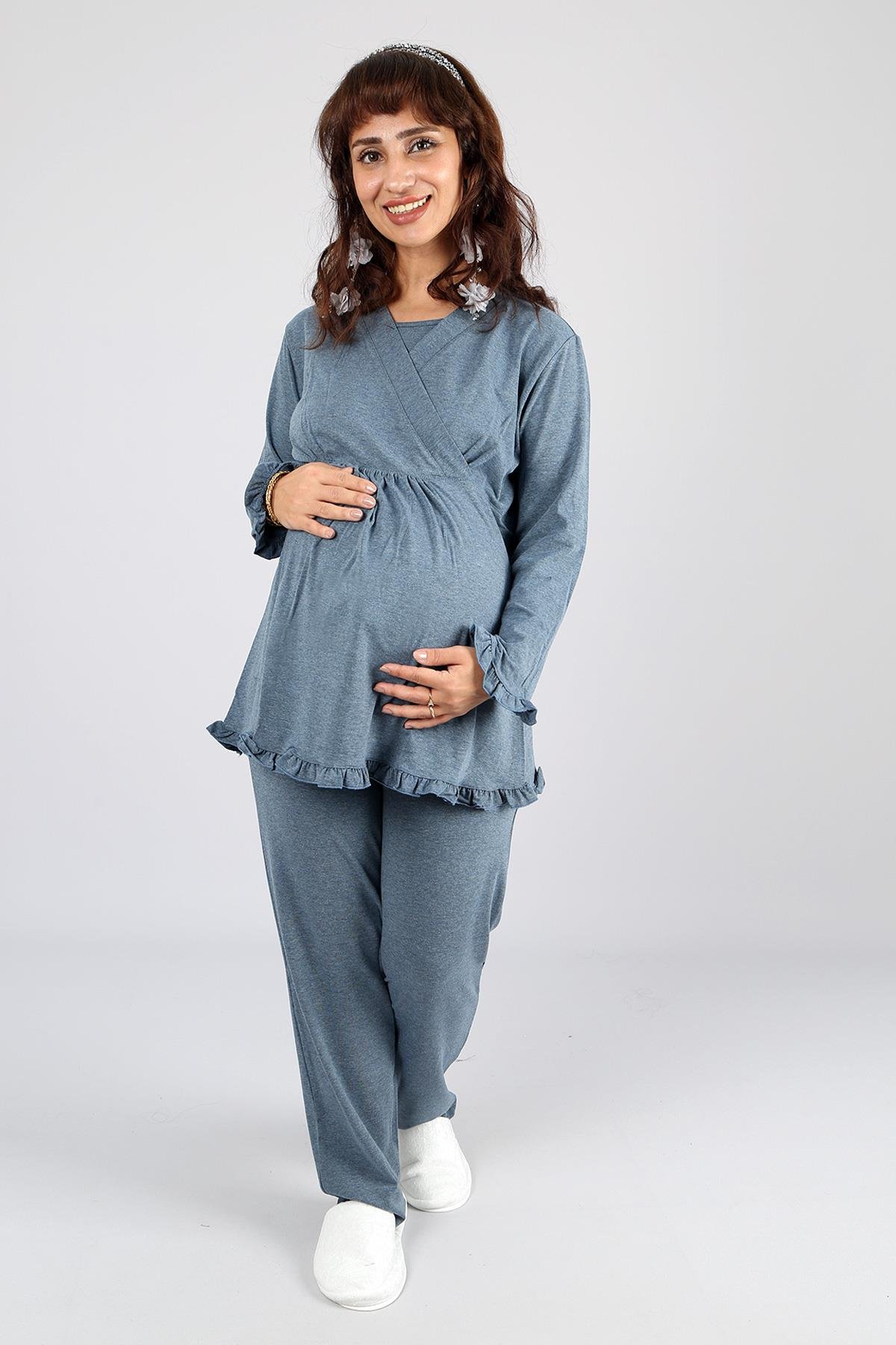 İndigo Kruvaze Emzirme Özellikli Lohusa Hamile Pijama Takımı