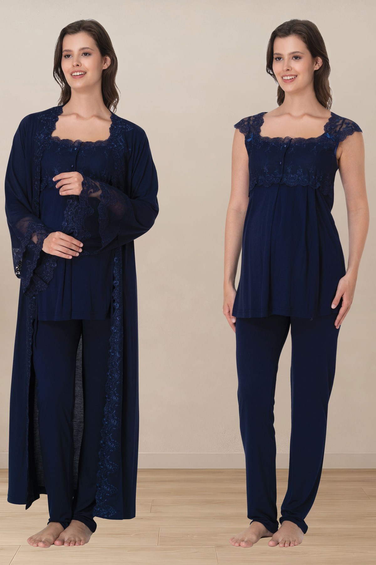 Effortt 4064 Lacivert Prenses Dantelli Sabahlıklı Lohusa Pijama Takımı