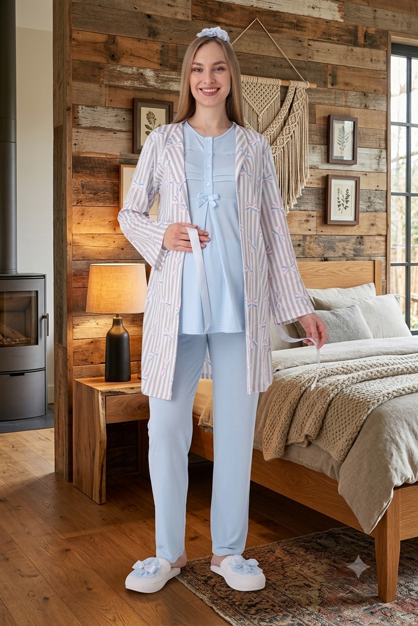 Erdeniz 3460 Mavi Çizgi Sabahlıklı Emzirme Özellikli Sabahlıklı Lohusa Pijama Takımı