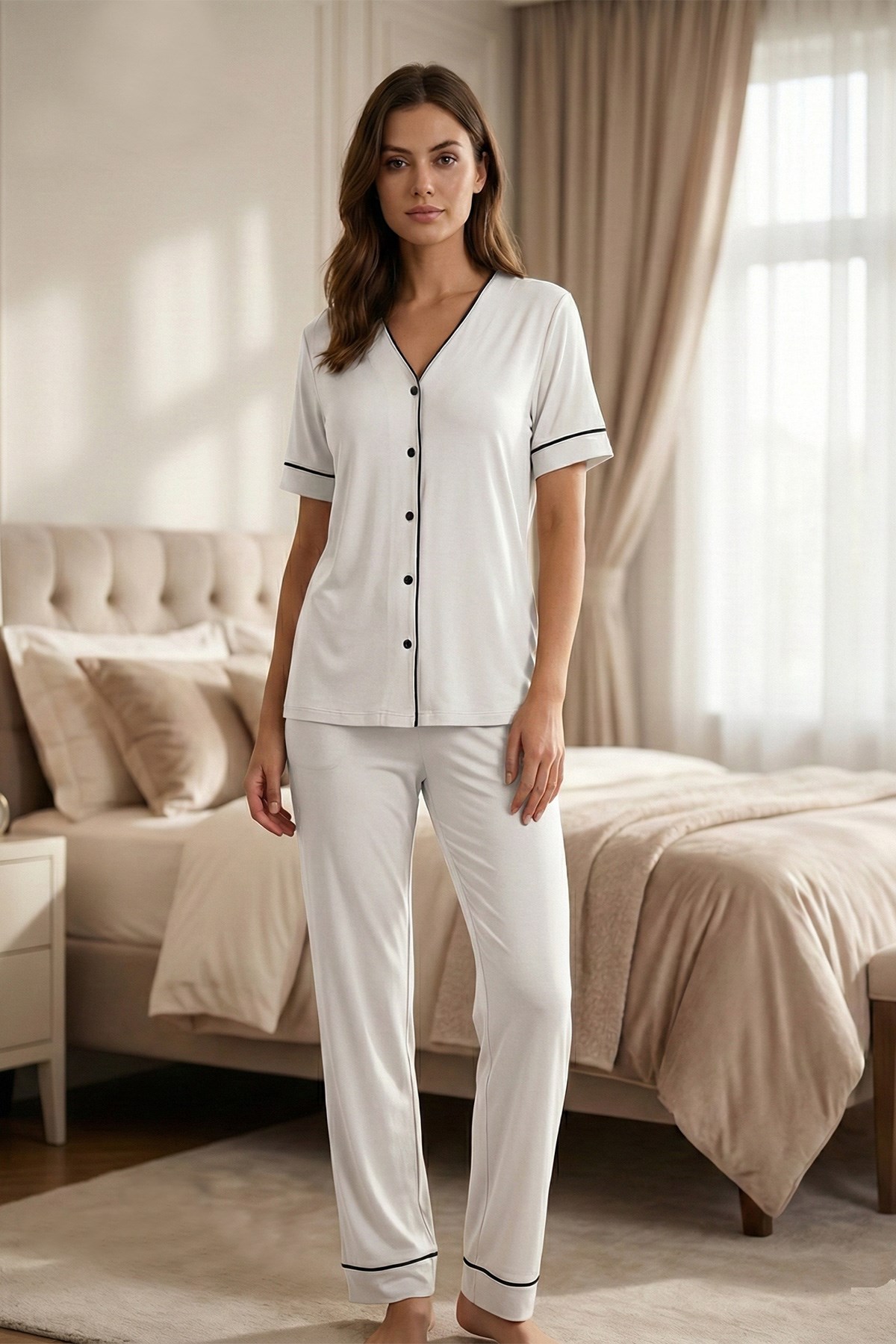 Effortt 3072 Ekru Biye Detaylı Düğmeli Lohusa Pijama Takımı