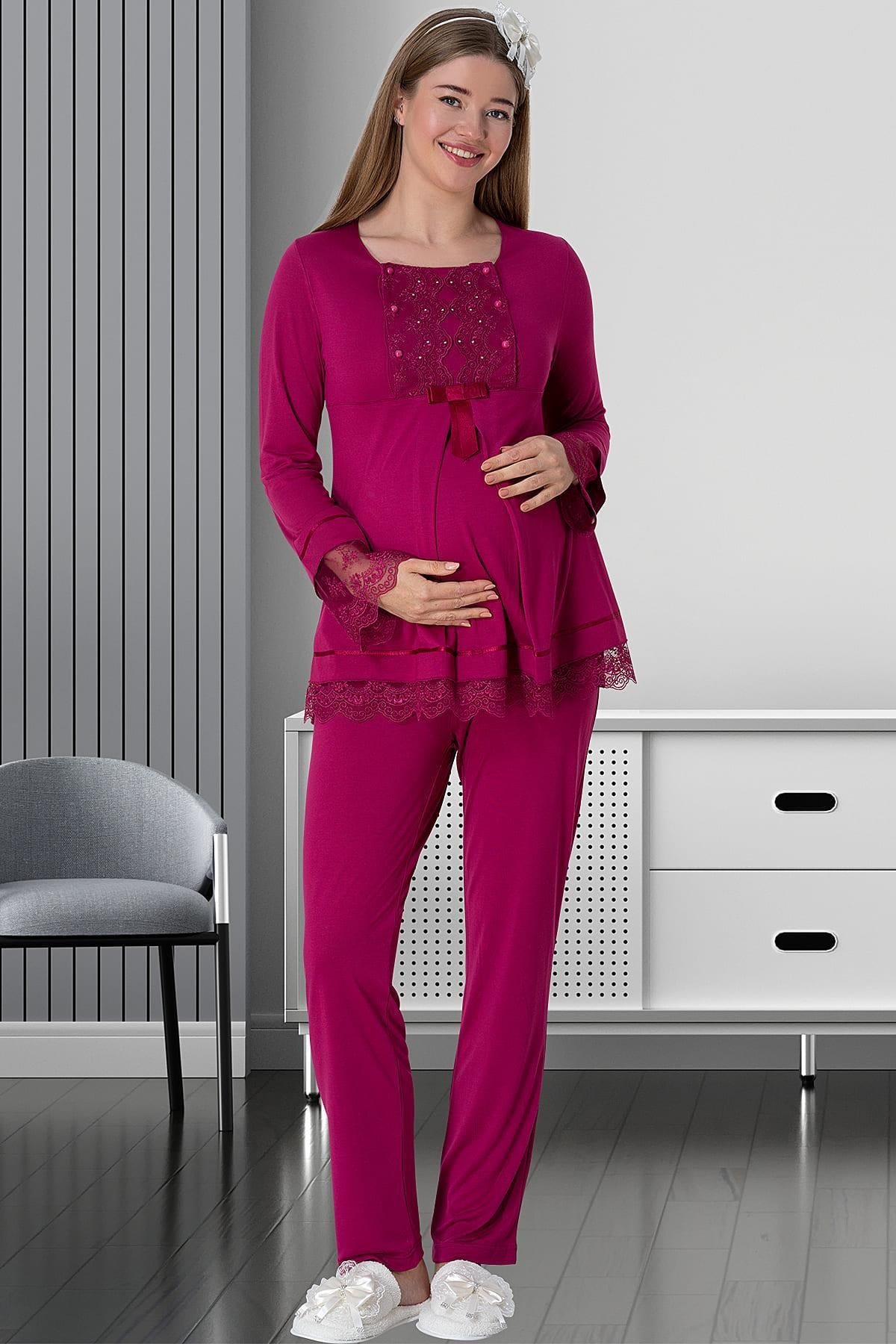 Fuşya Düğmeler ile Kolay Emzirme Özellikli Lohusa Pijama Takımı