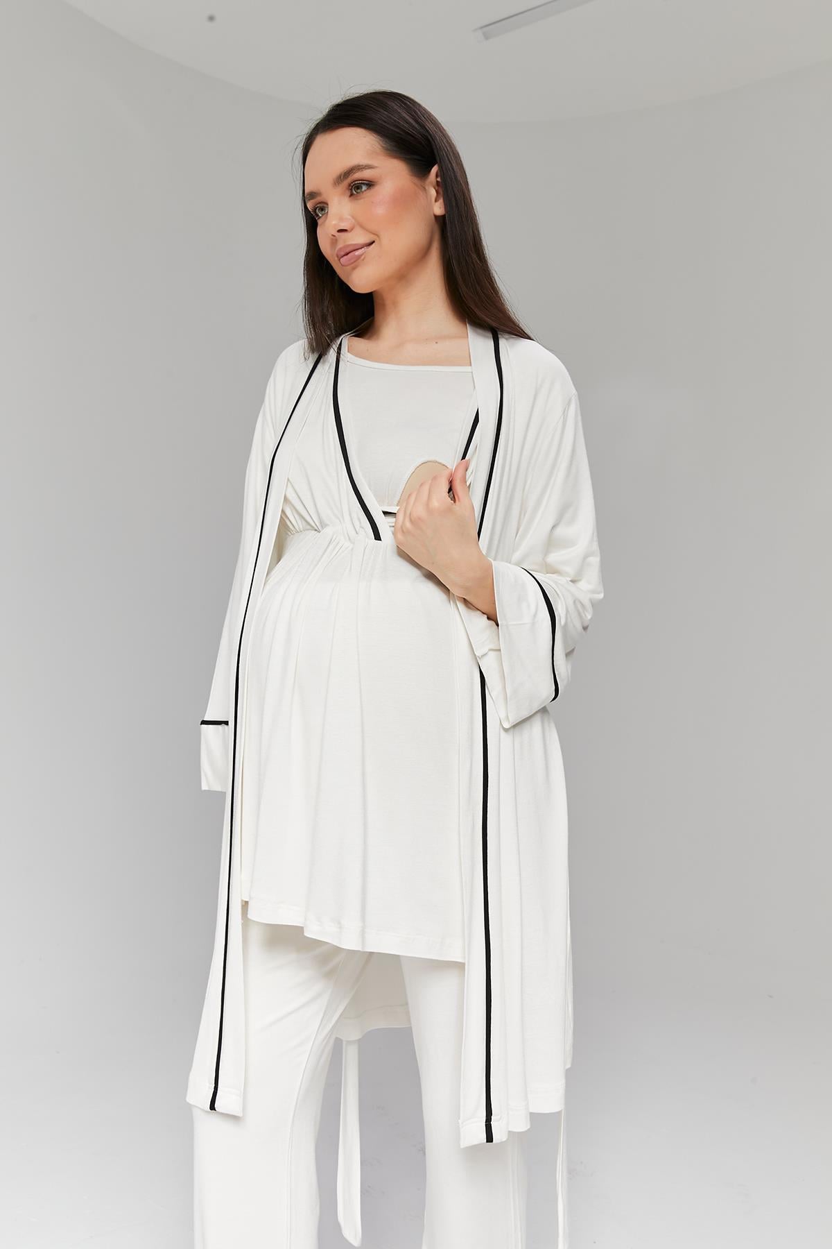 Gizli Emzirme Özellikli Ekru Sabahlıklı Kruvaze Lohusa Pijama Takımı - 516