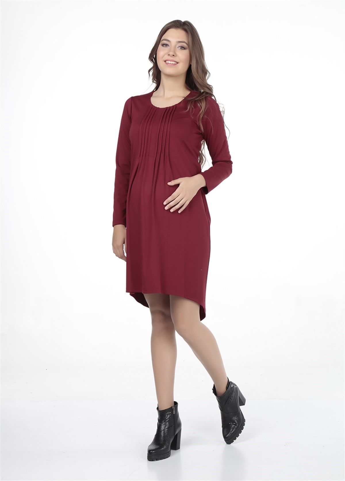 Hamile Abiye Elbise Akordiyon Yaka Bordo