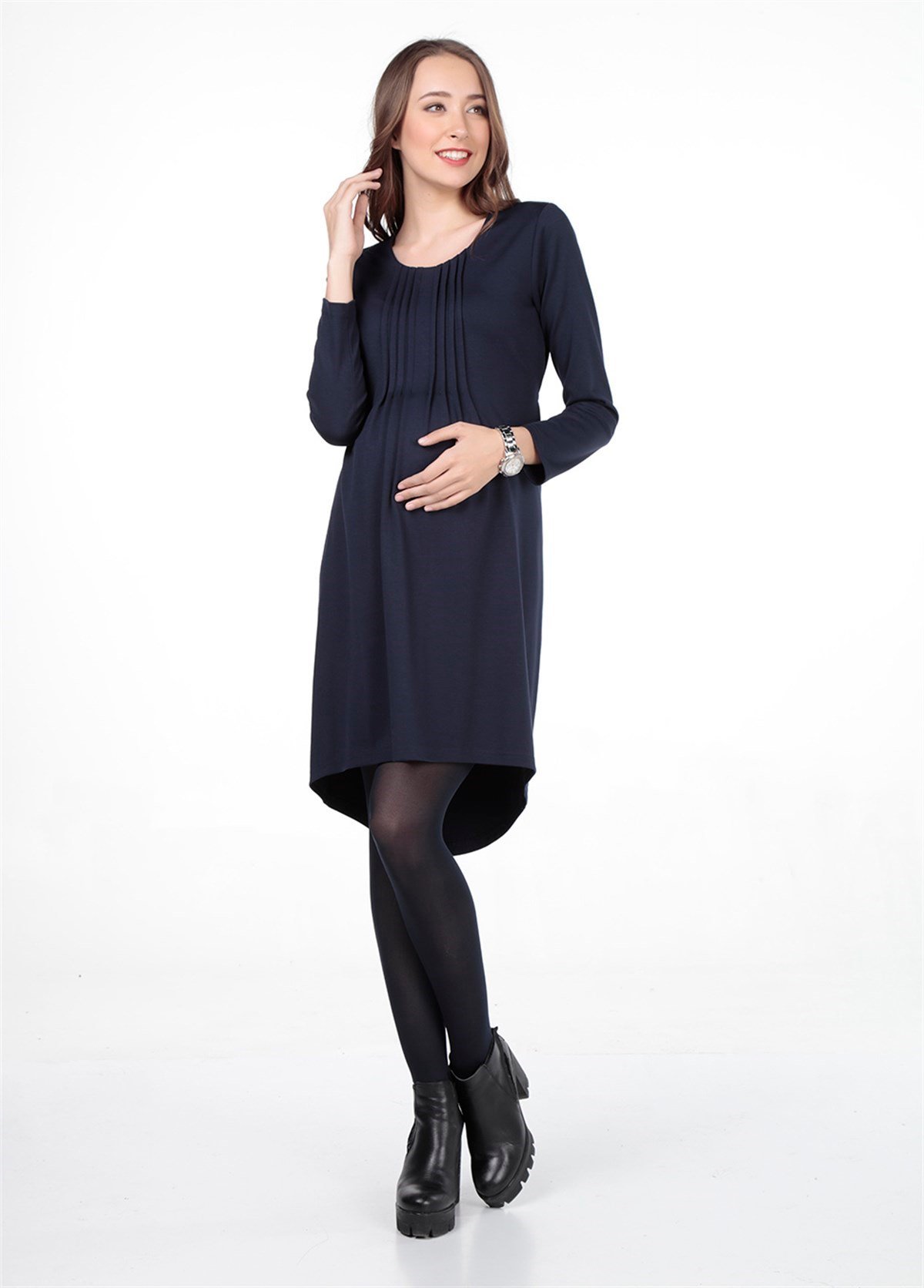 Hamile Abiye Elbise Akordiyon Yaka Lacivert