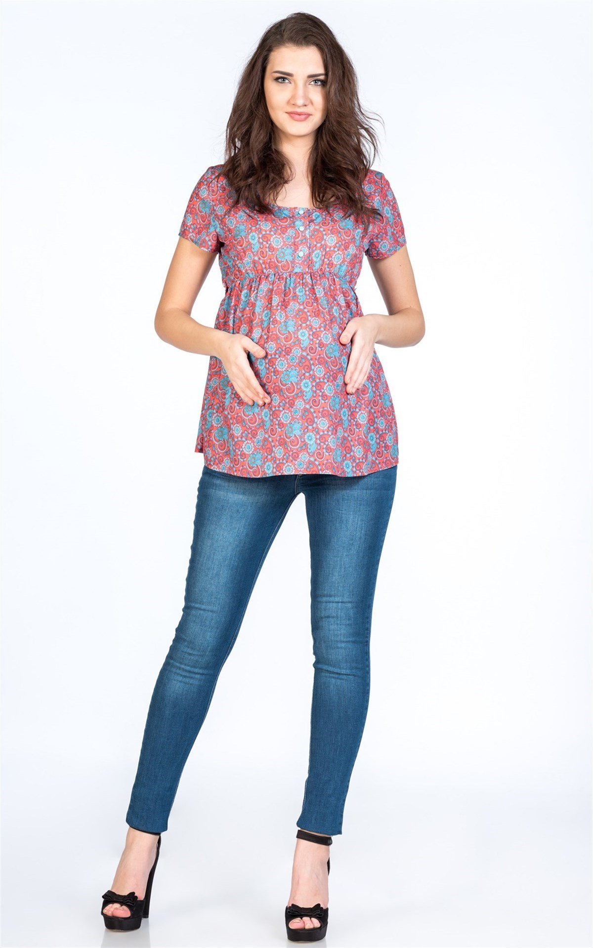 Maternity Blouse Floral Printing Patterned Red