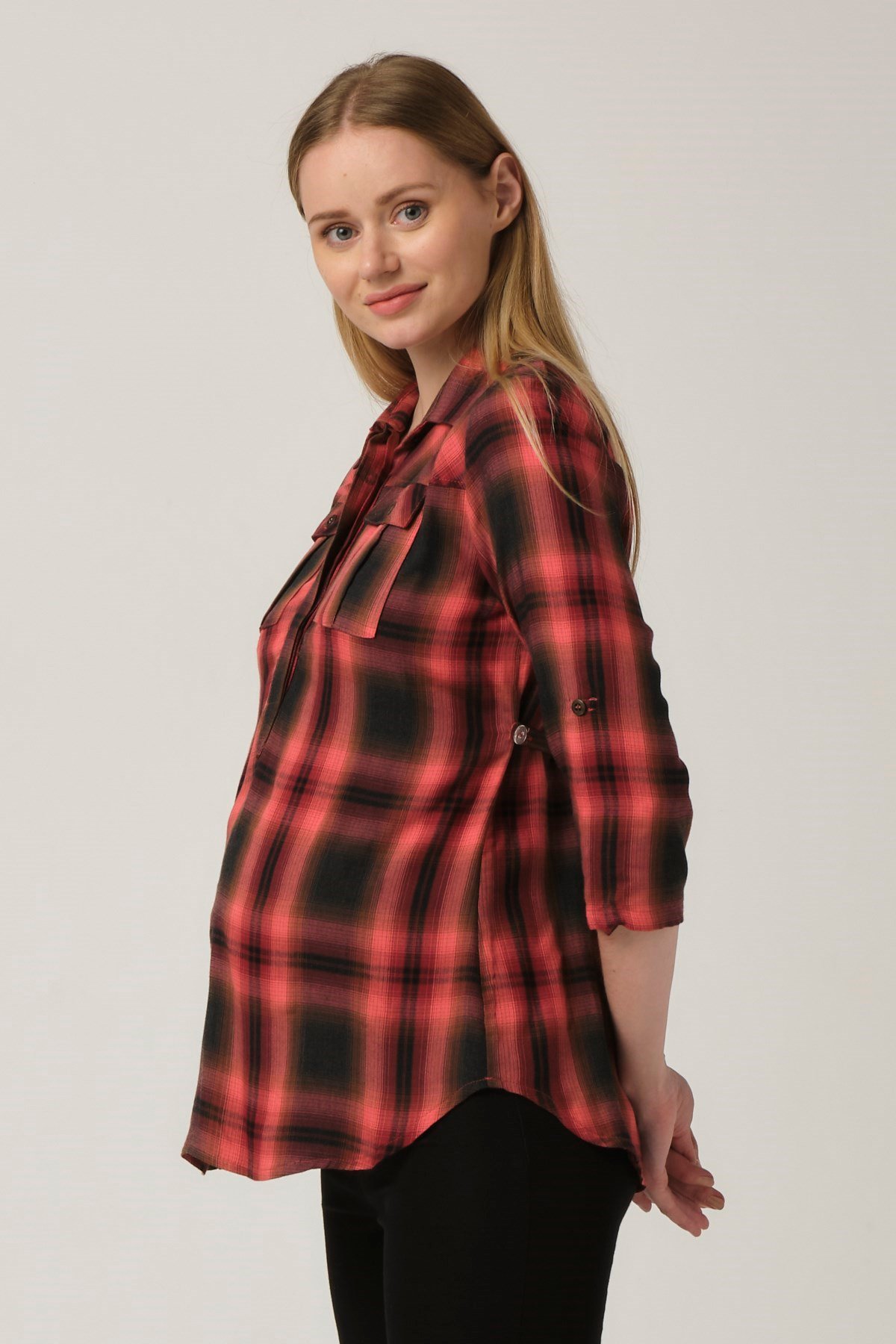 Maternity Blouse Plaid Patterned Model Orange