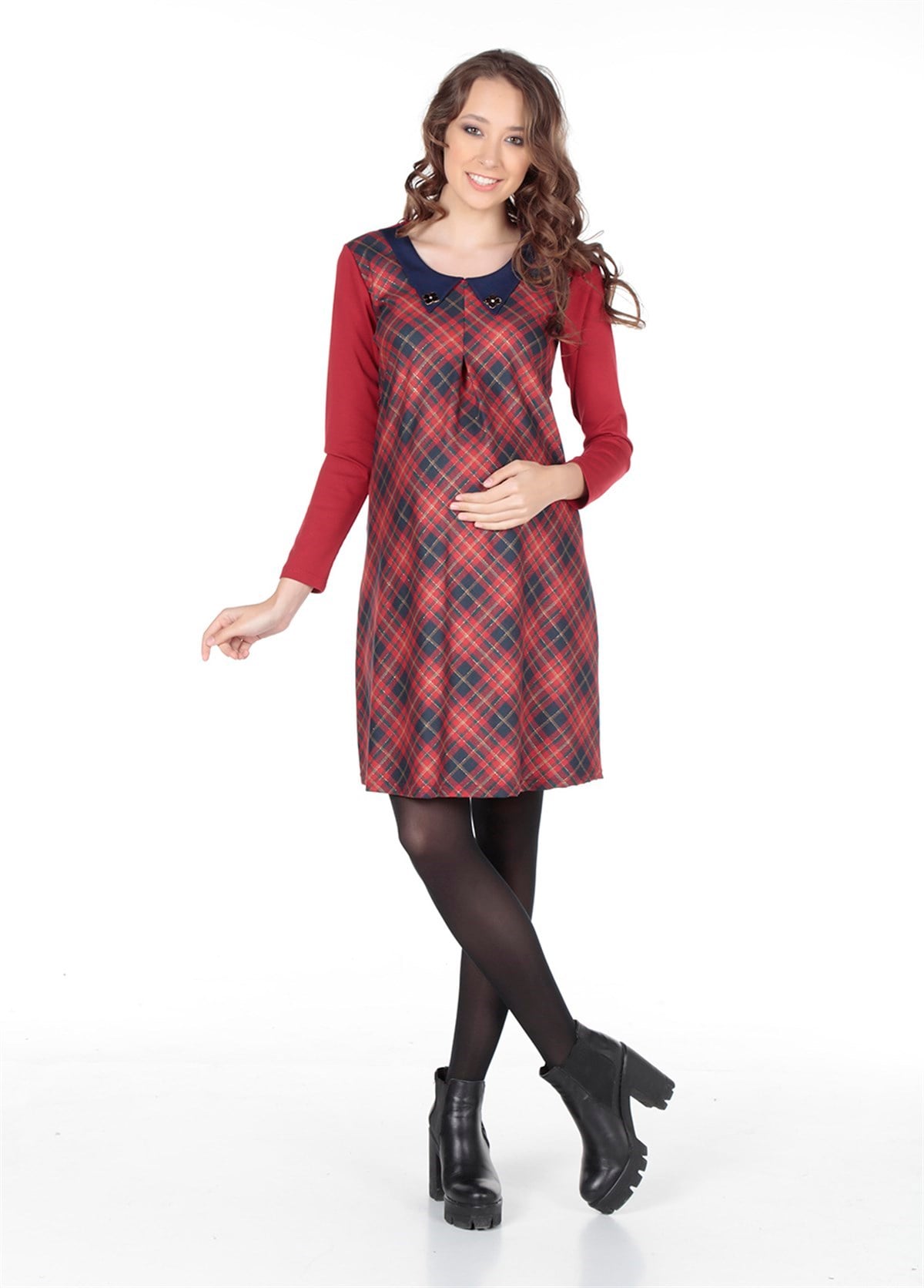 Maternity Plaid Fabric Collar Casual Dress Red