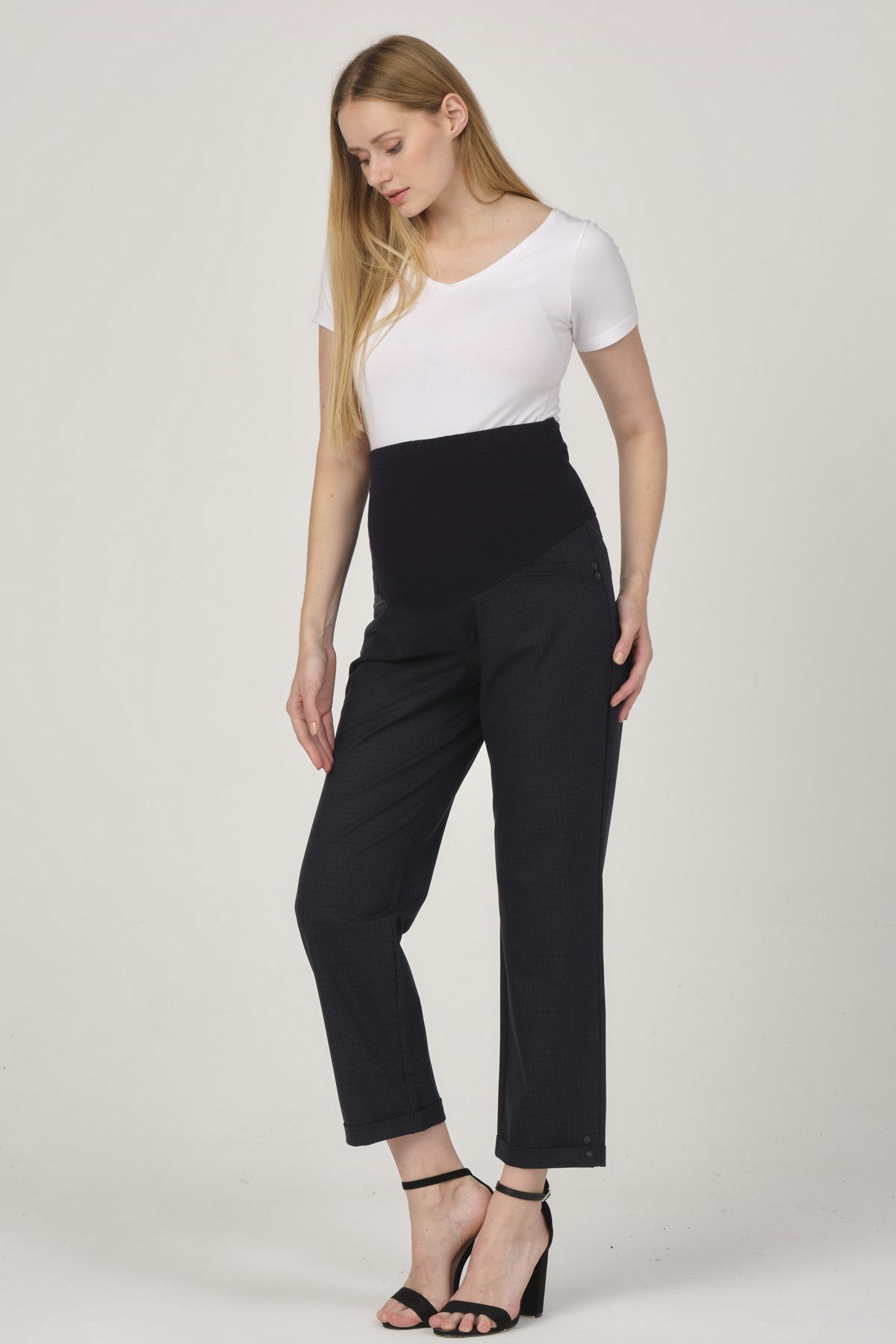 Hamile Gabardin Pantolon Kare Çizgili Desen Mode Lacivert