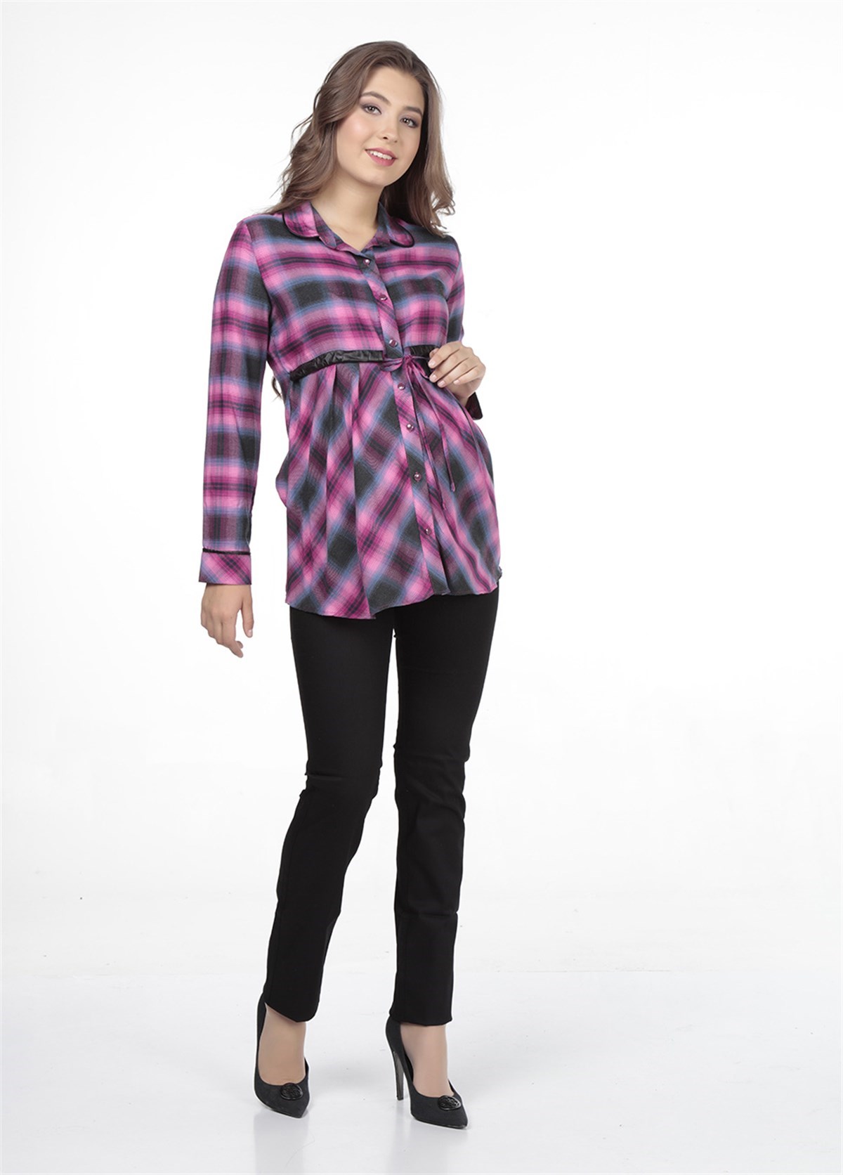 Maternity Shirt Plaid Model Waistted Pink