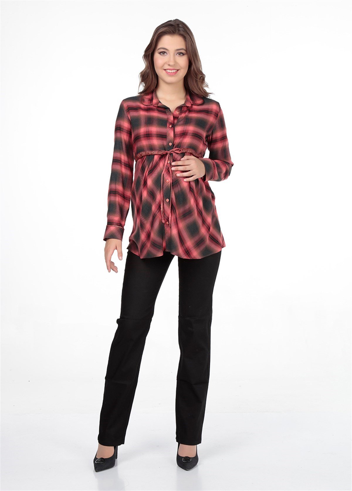 Maternity Shirt Plaid Model Waistted Orange