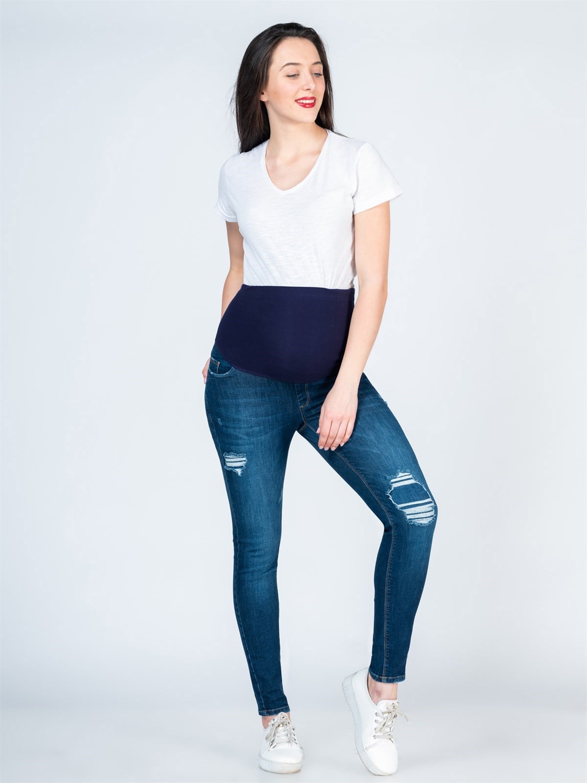 Hamile Kot Pantolon Çizgi Yırtık Model Mavi