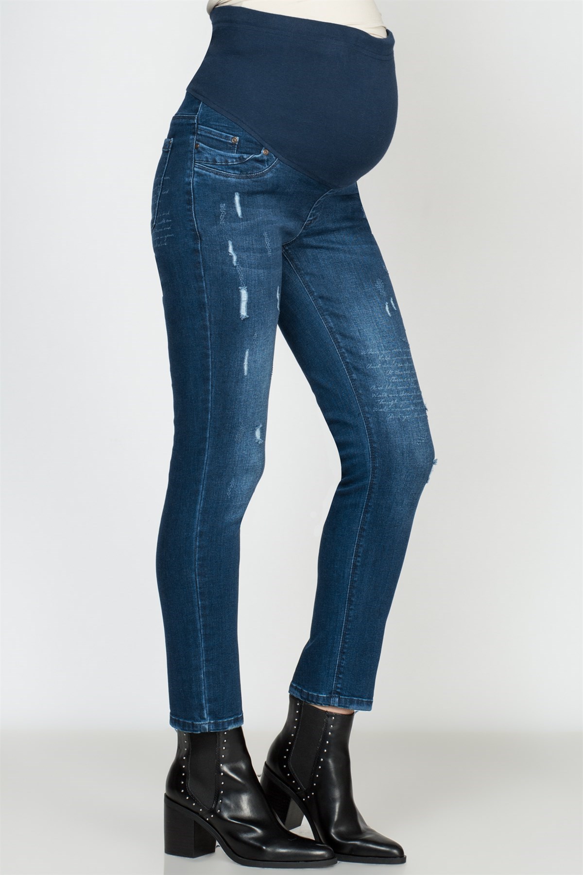 Hamile Kot Pantolon Çizgili Yırtık Model Mavi