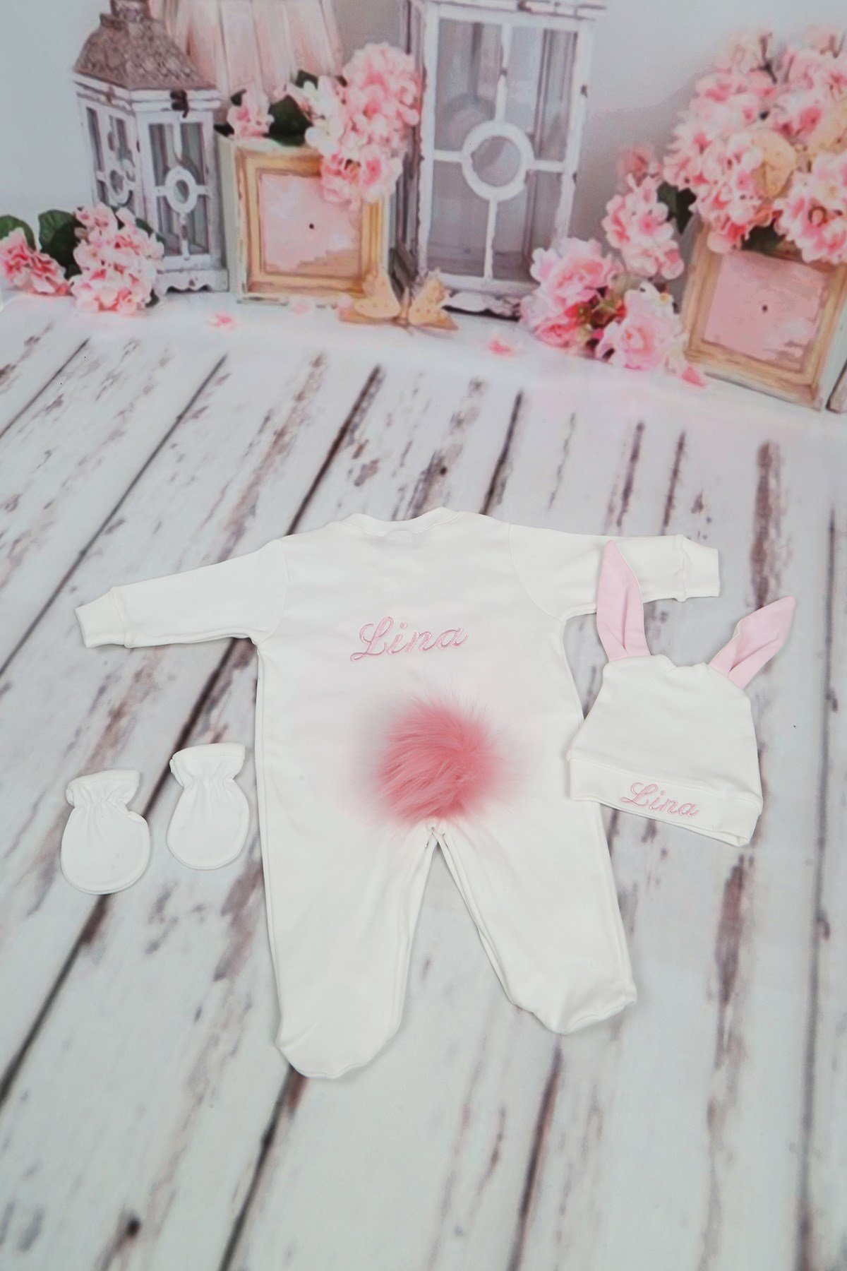 İsimli Ekru-Pembe Tavşanlı 3'lü Tulum Seti