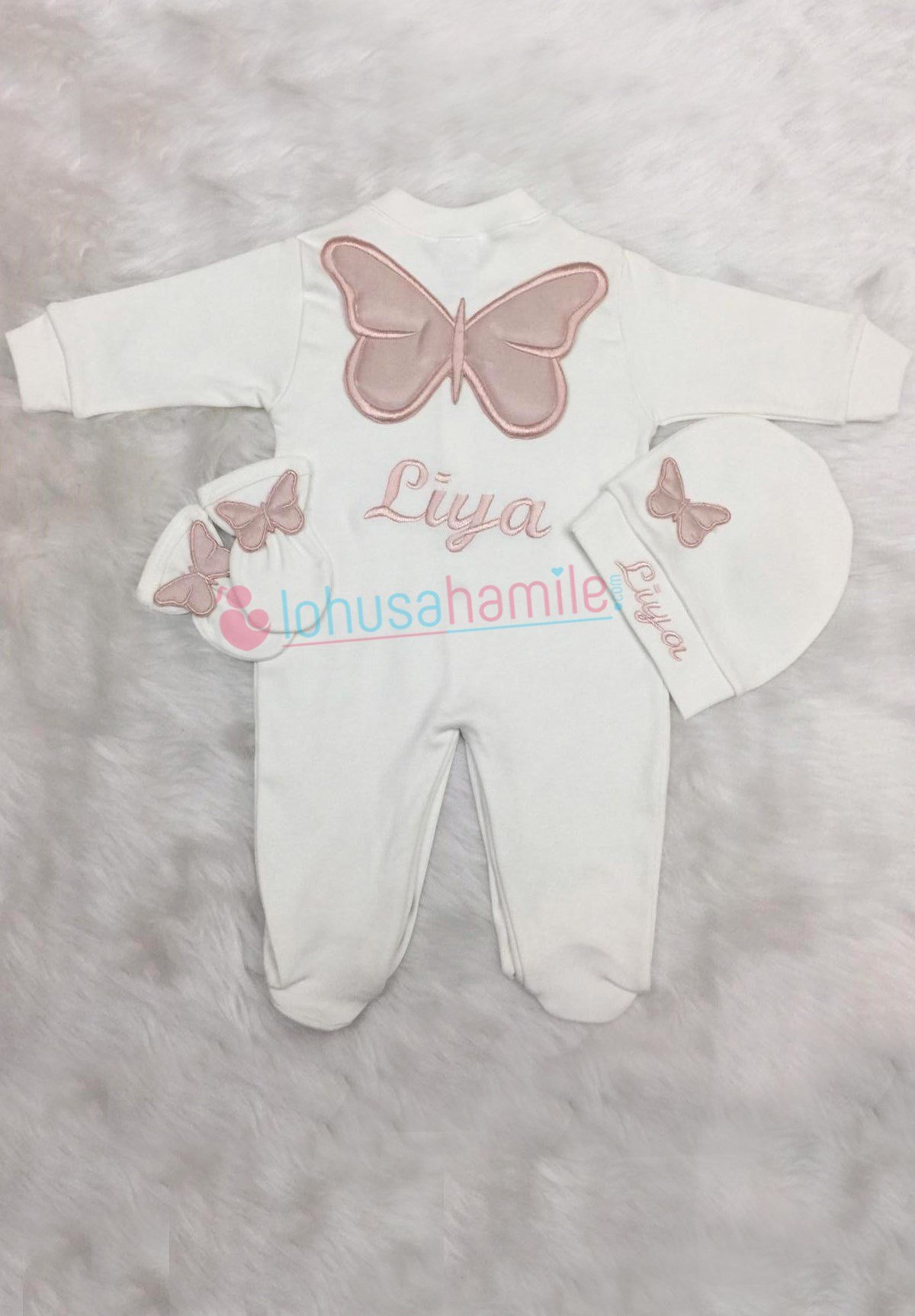 İsimli Pudra Kelebek 3'lu Bebek Tulum Seti-3012