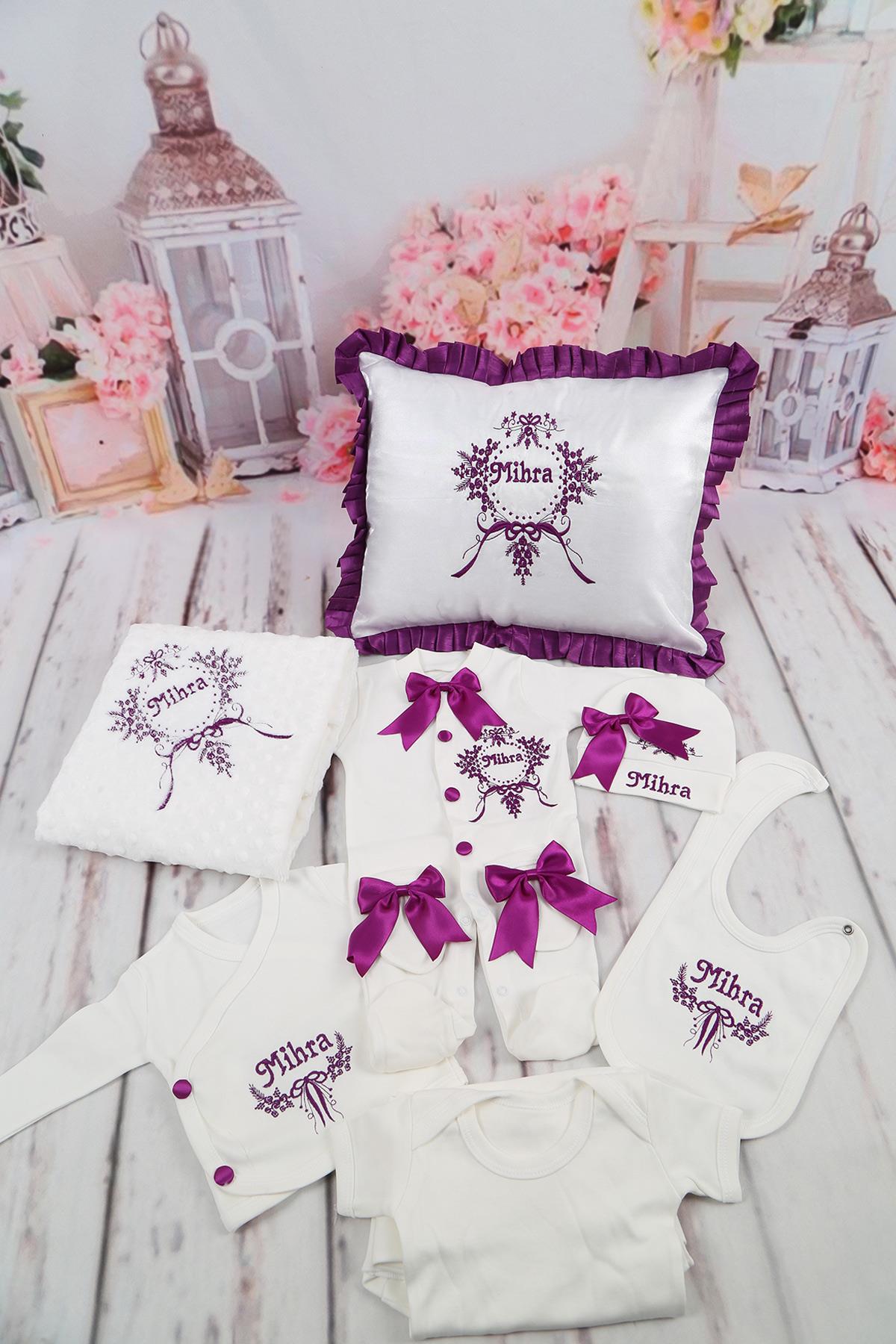 İsme Özel Belis Mor Nakışlı Çiçek Desenli 11li Yastıklı Hastane Çıkış Set