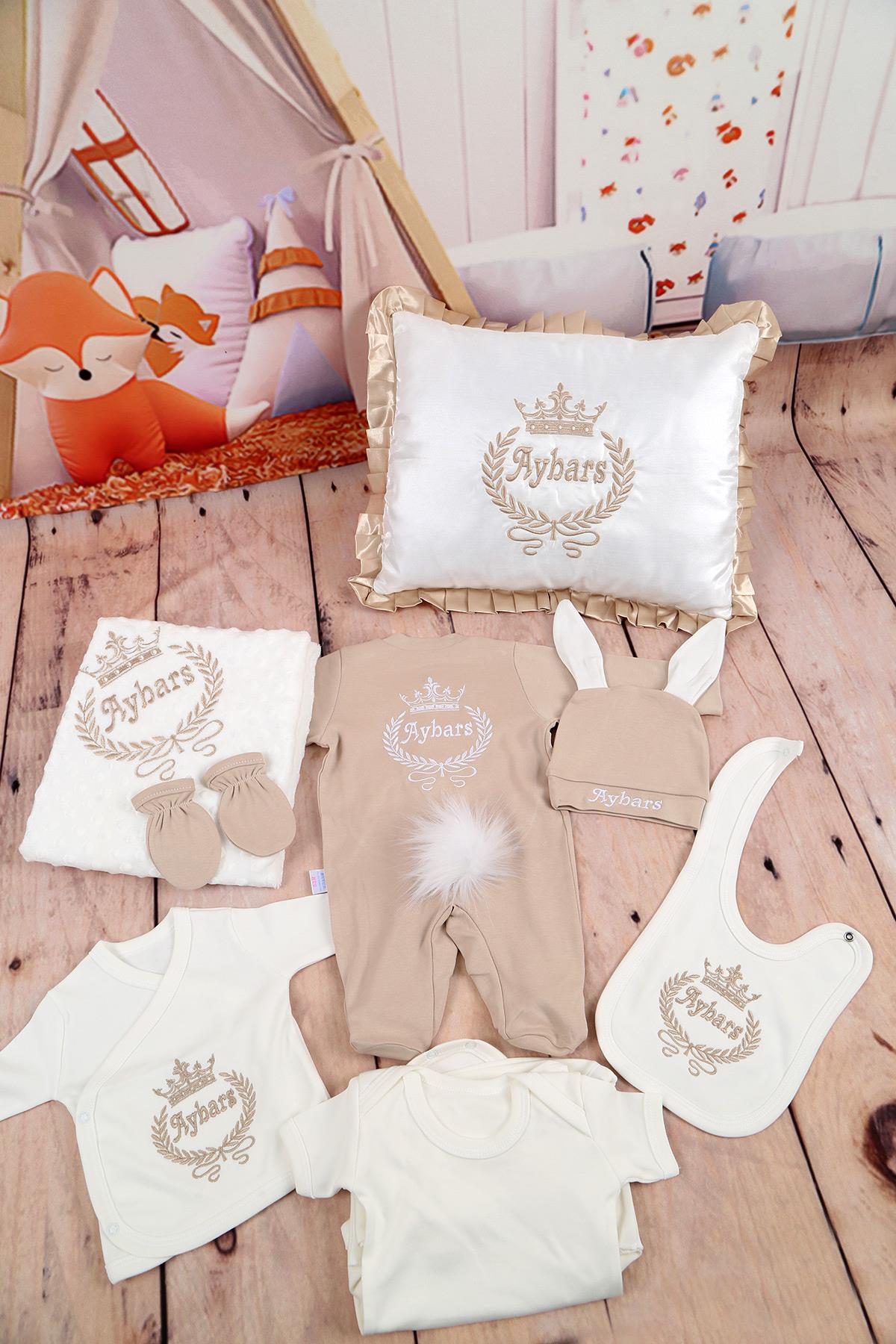 İsme Özel Çelenk Tac Nakışlı 11li Yastıklı Hastane Çıkış Set