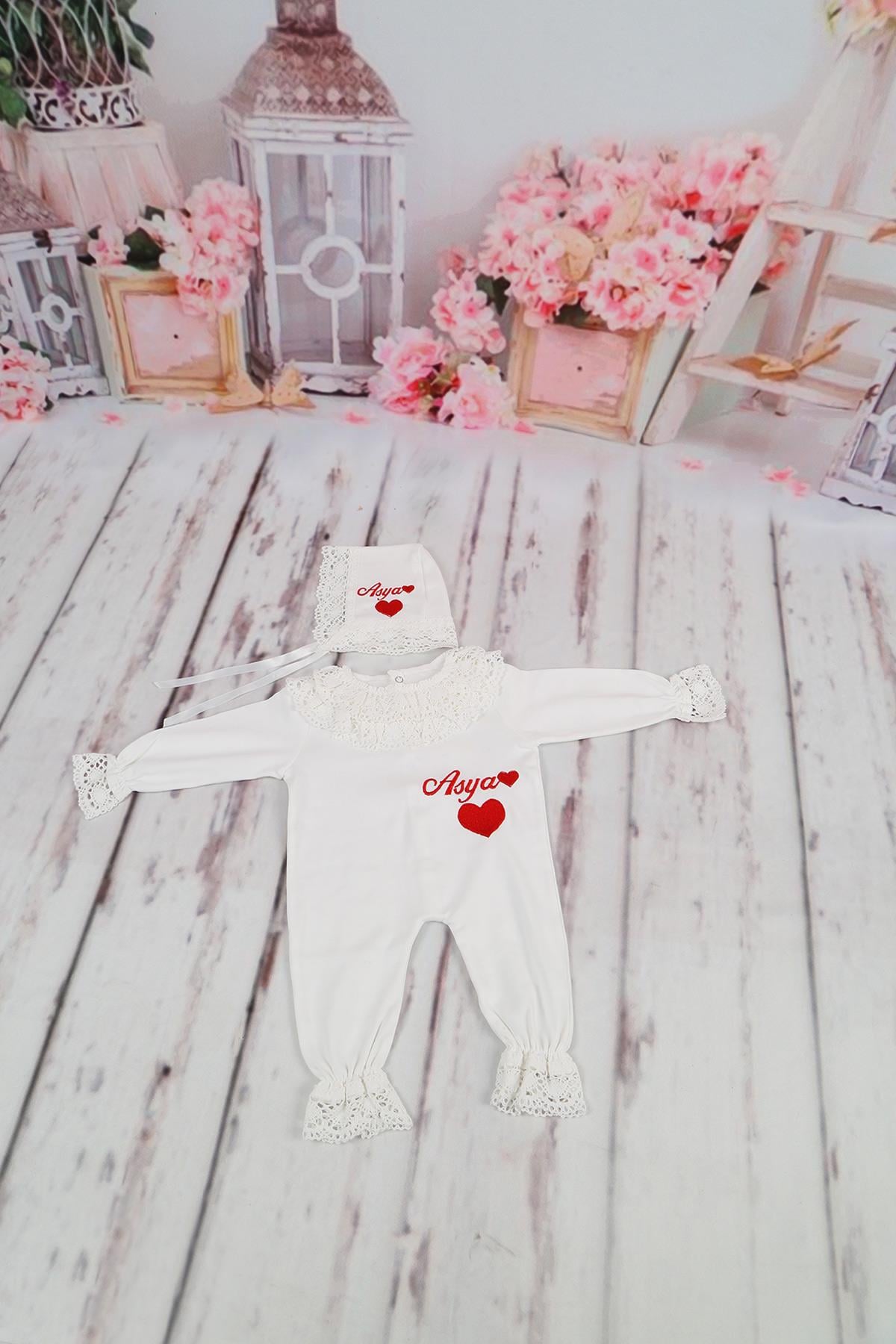 İsme Özel Güpür Yaka Dantelli Kız Bebek 2'li Takım