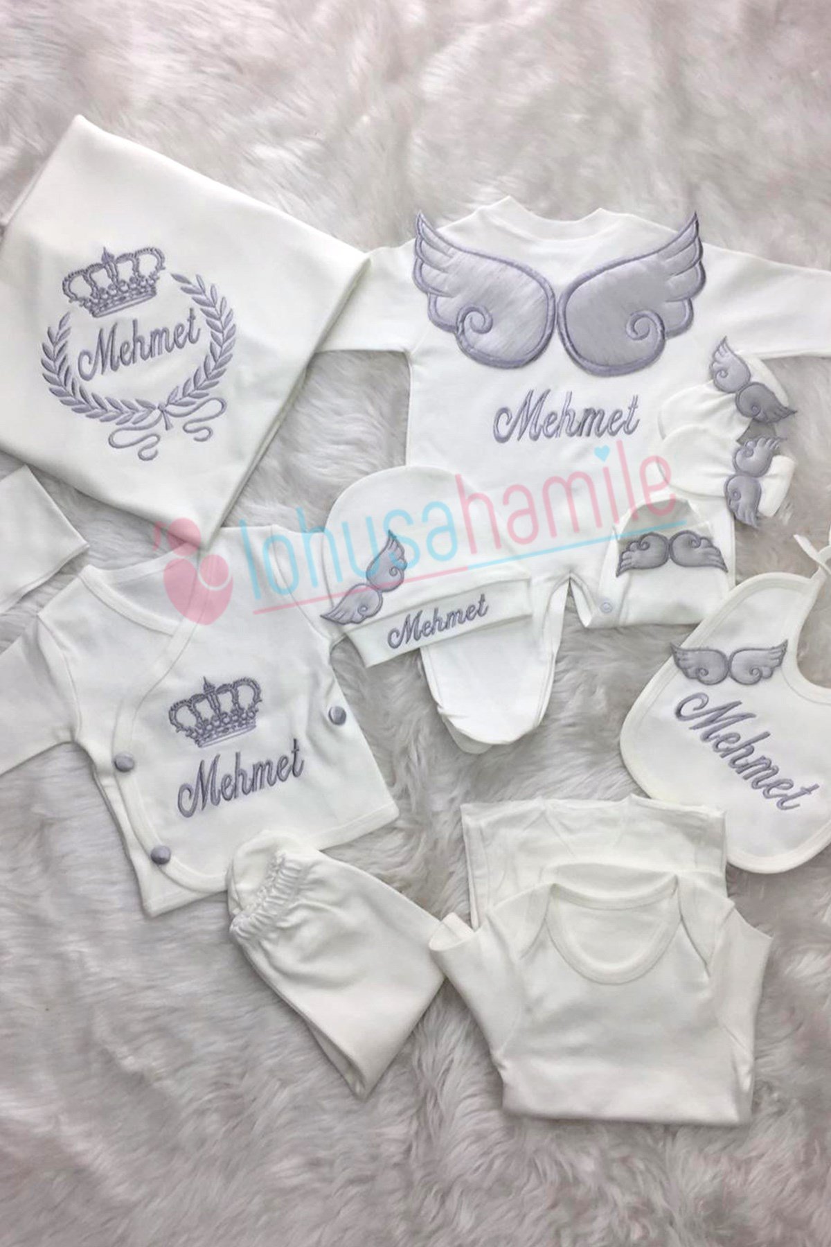 İsme Özel Kanat Nakış işlemeli 10'lu Bebek Tulum Seti-1054