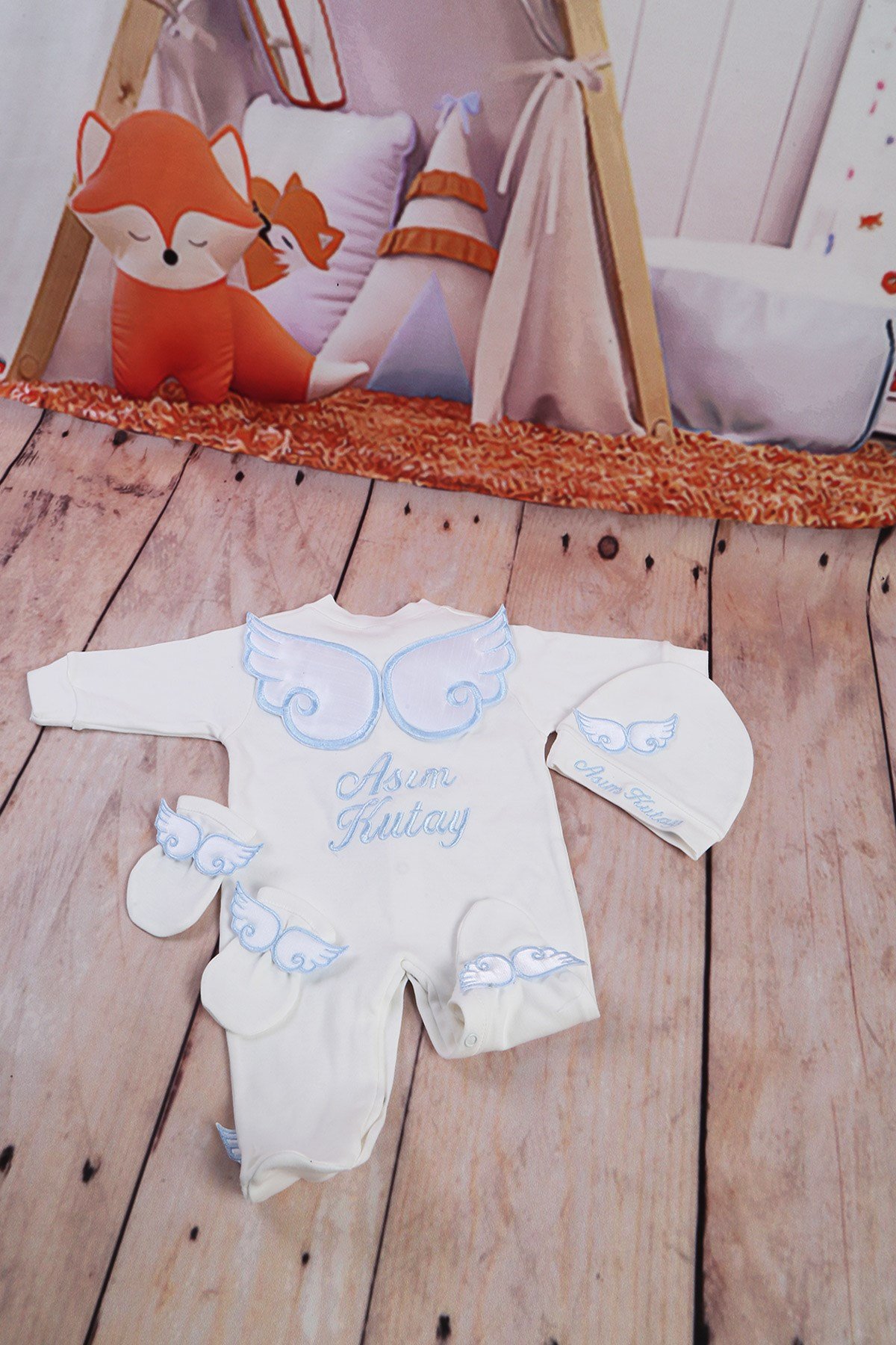 İsme Özel Kanatlı 3'lu Bebek Tulum Seti-3003