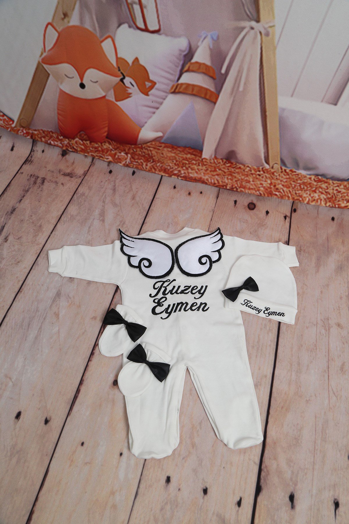 İsme Özel Kanatlı 3'lü Bebek Tulum Seti-3018