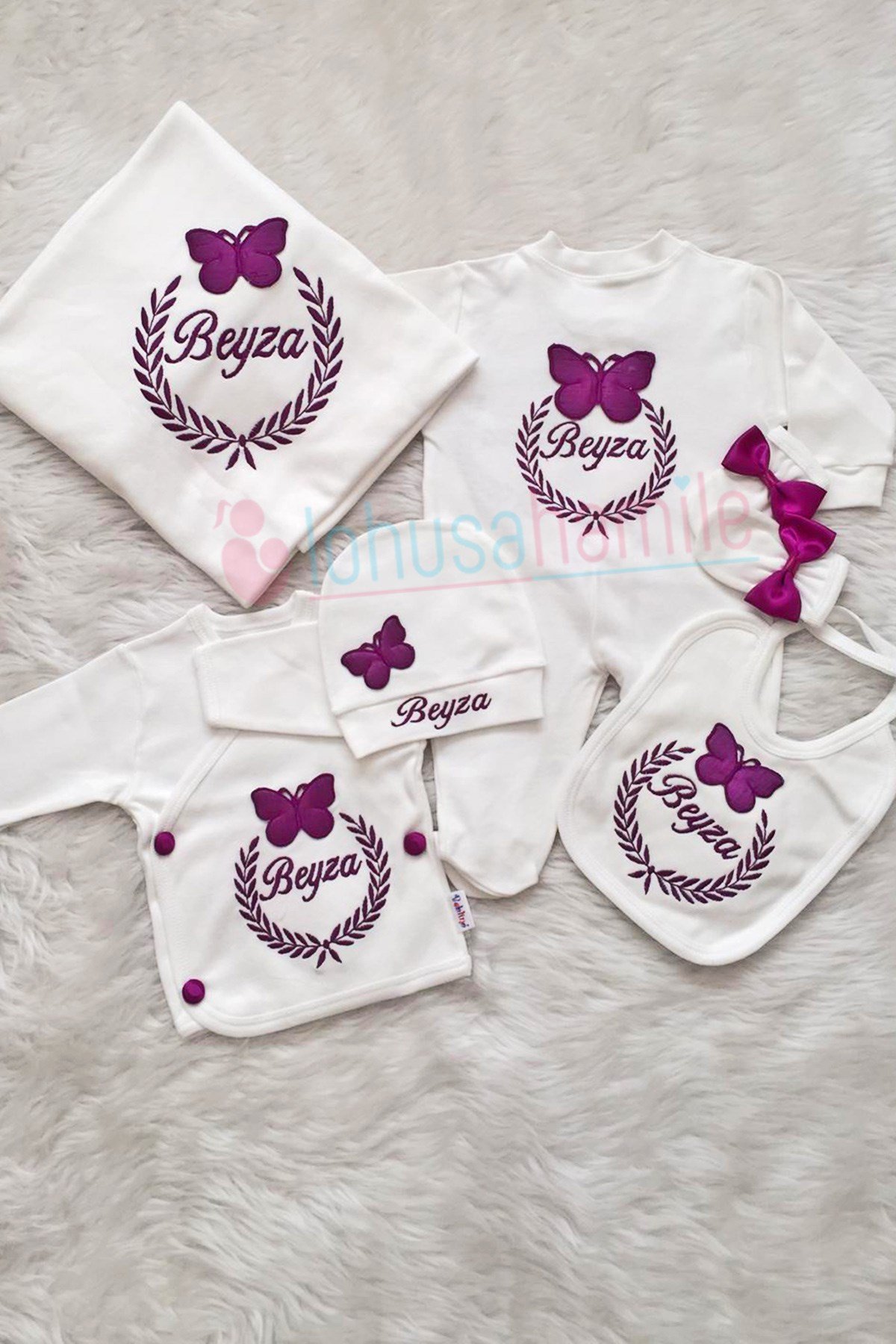 İsme Özel Kelebek Çelenk Nakış işlemeli 10'lu Bebek Tulum Seti-1050