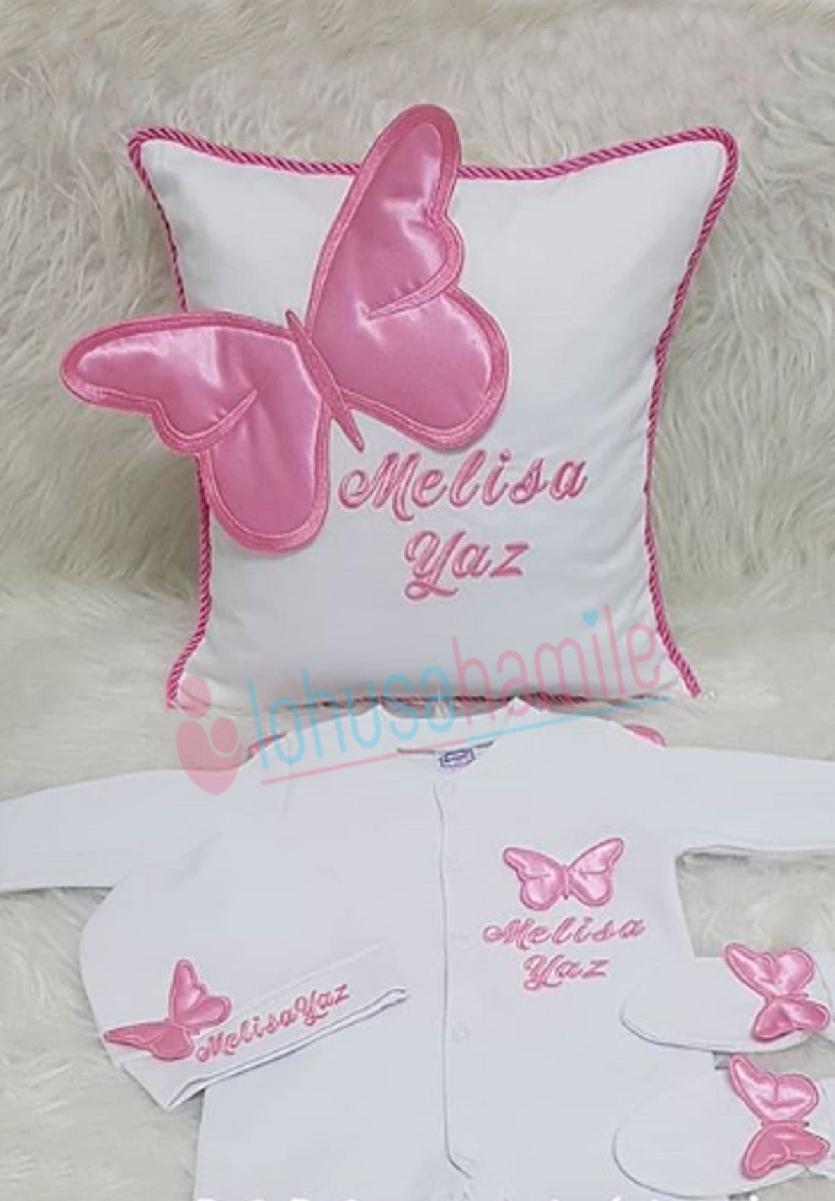 İsme Özel Kelebek Nakış İşlemli 4'lü Bebek Yastık-Tulum Seti-4033