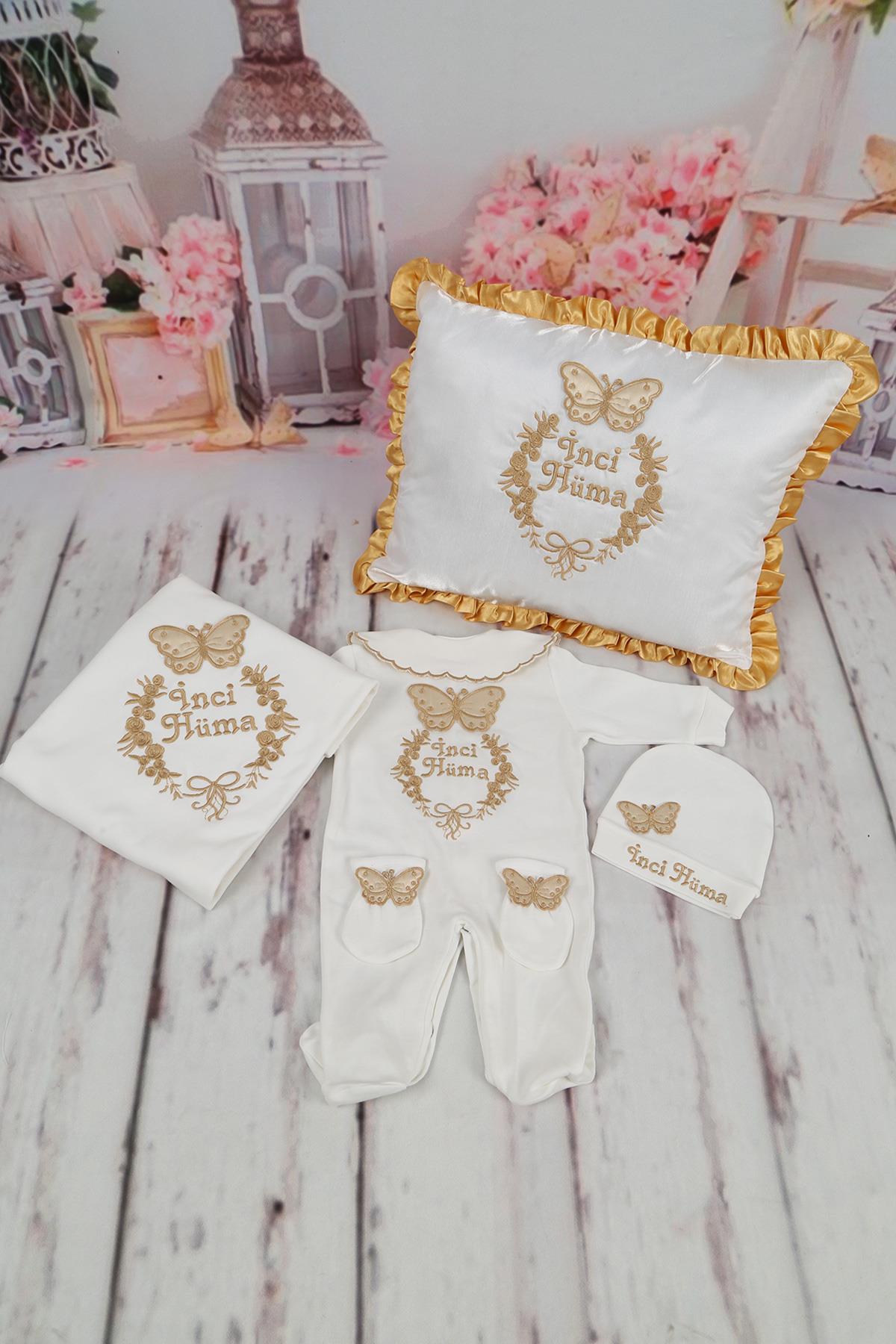İsme Özel Kelebek Nakışlı 5li Hastane Çıkış Set