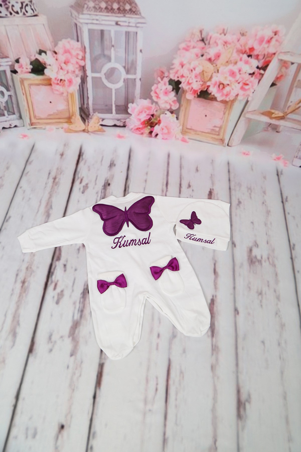 İsme Özel Mor Kelebekli 3'lü Bebek Tulum Seti 3006