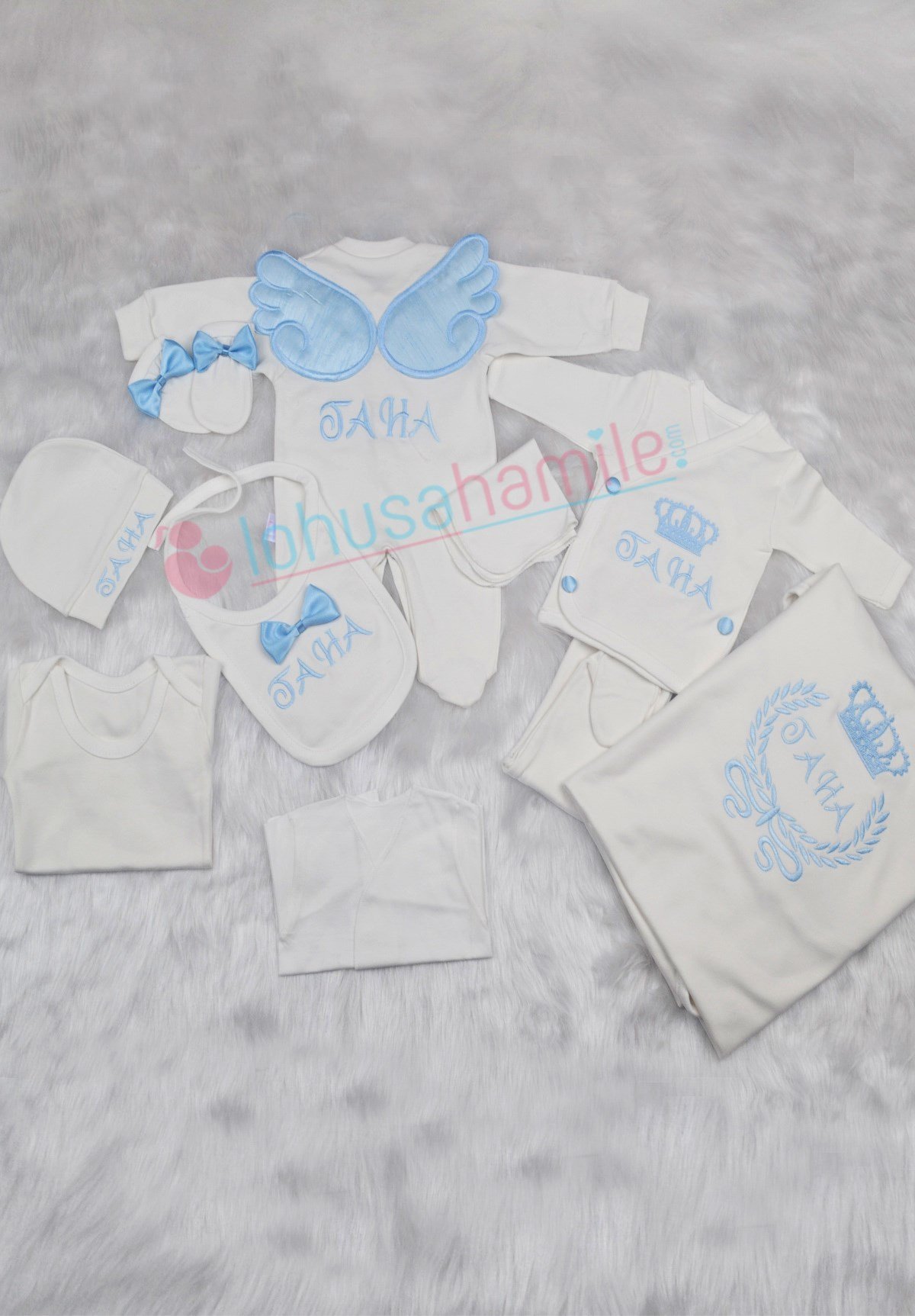 İsme Özel Parmak Kanat-Taclı 10'lu Bebek Tulum Seti-1002