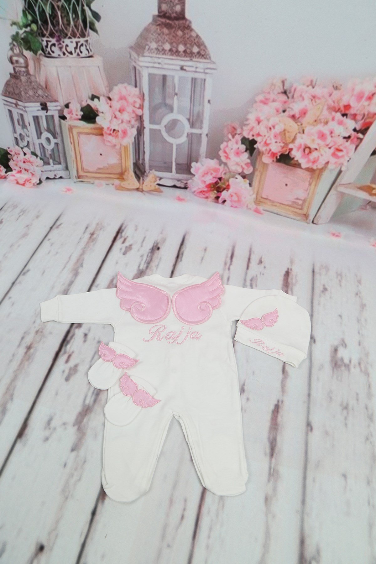 İsme Özel Pembe Kanatlı 3'lü Bebek Tulum Seti-3020